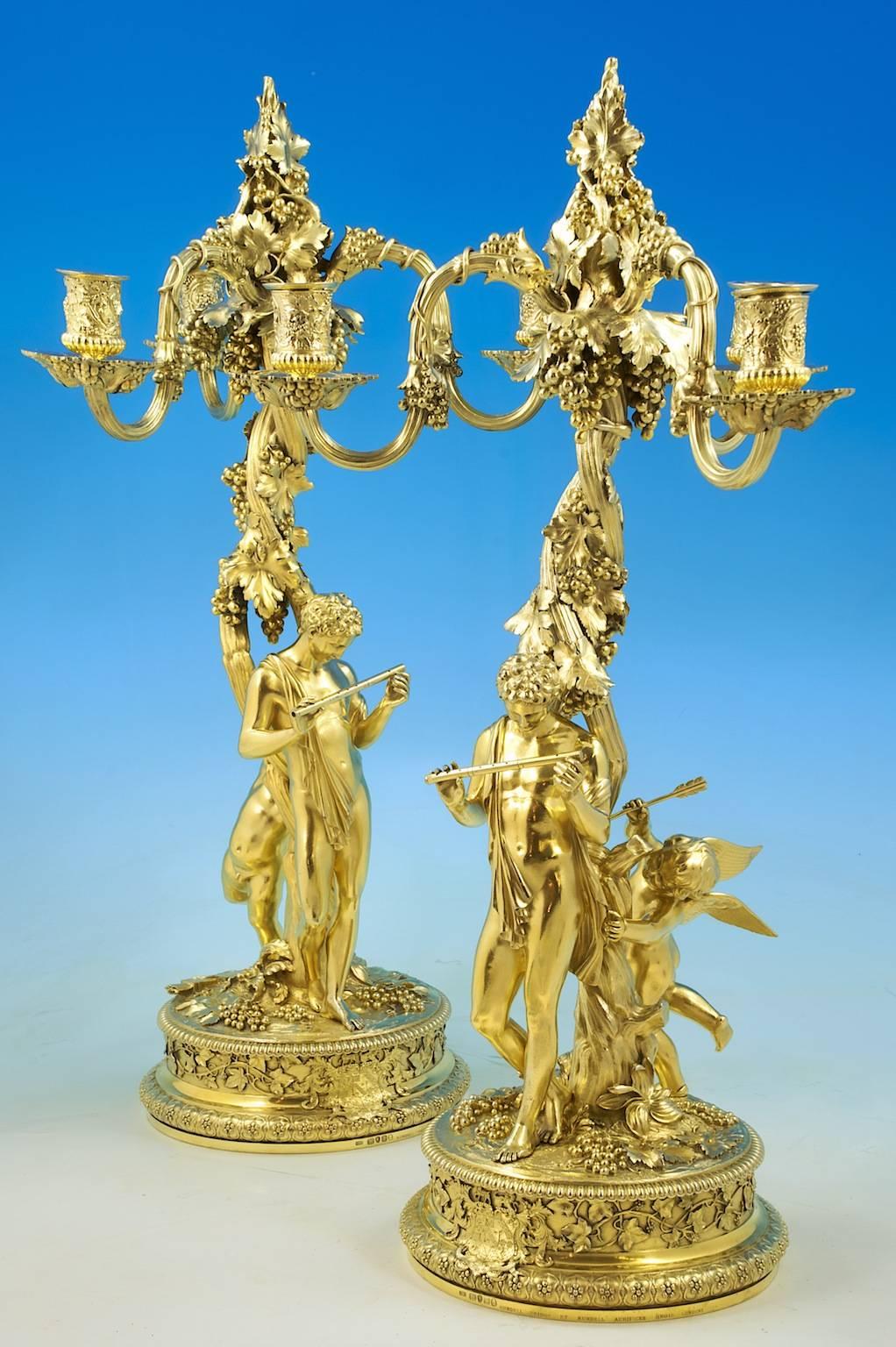 English Outstanding Pair of Sterling Silver-Gilt Three-Light Candelabra For Sale
