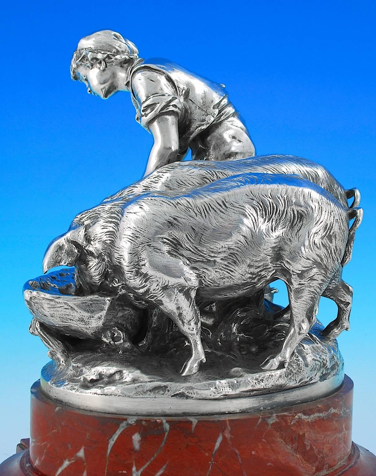 Cast Christofle: A silver-plated bronze sculpture of pigs being fed  For Sale