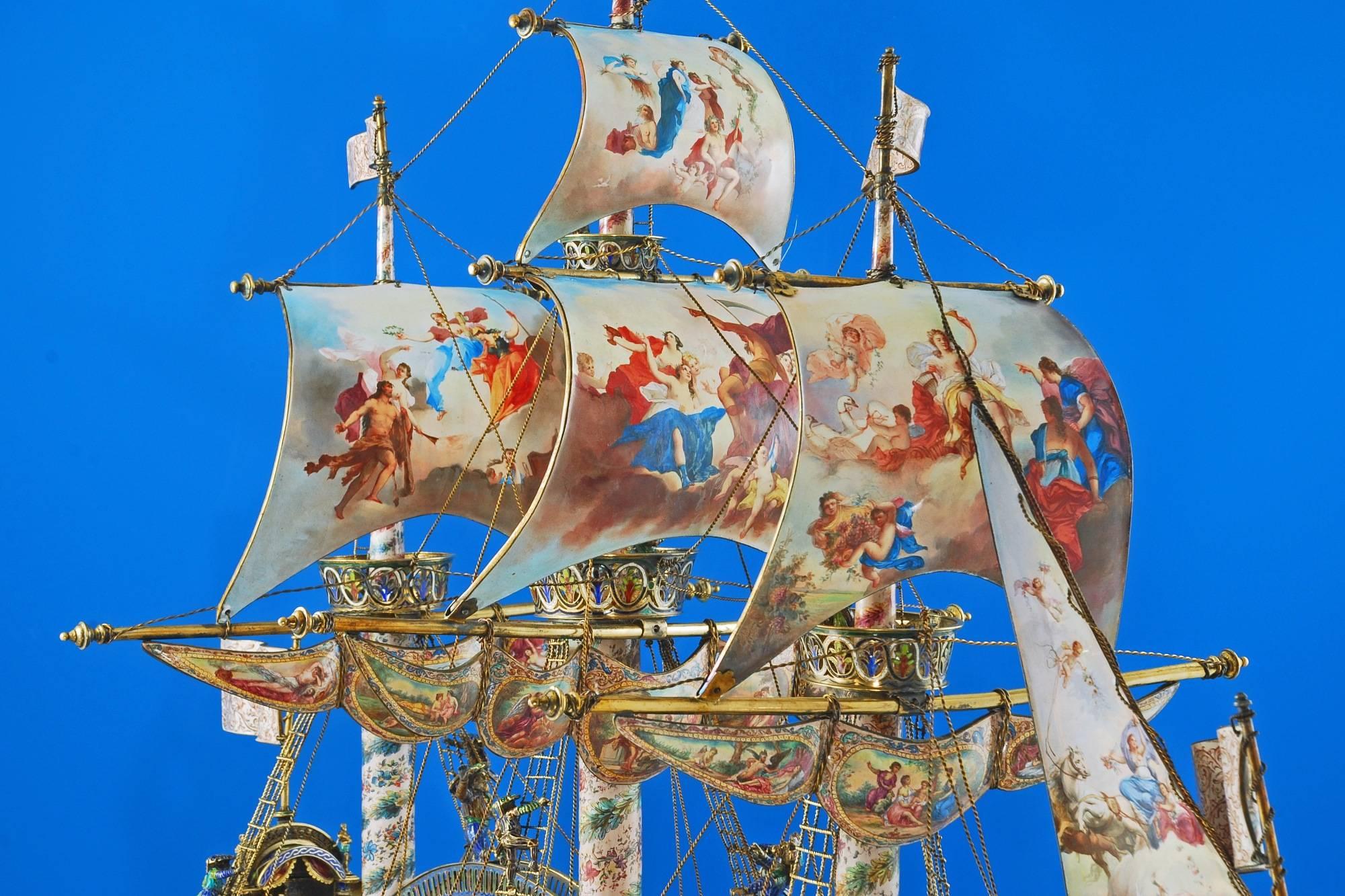 Renaissance Monumental 19th Century Silvergilt Mounted Viennese Enamel 'nef' For Sale