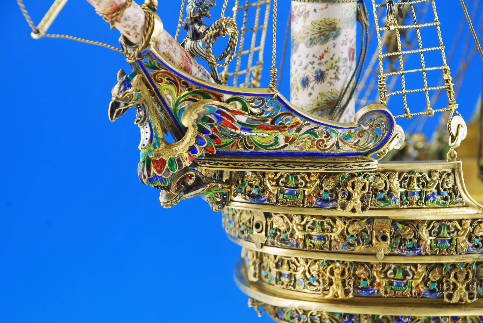 Austrian Monumental 19th Century Silvergilt Mounted Viennese Enamel 'nef' For Sale