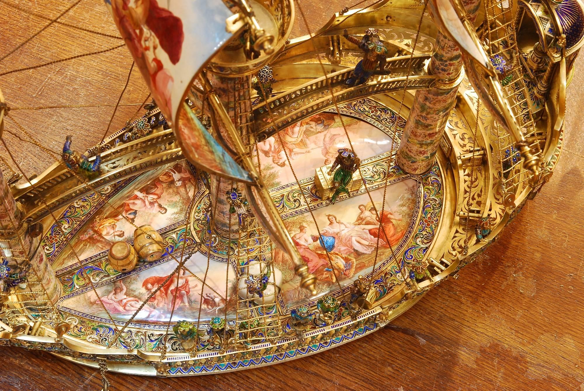 Monumental 19th Century Silvergilt Mounted Viennese Enamel 'nef' In Excellent Condition For Sale In London, GB