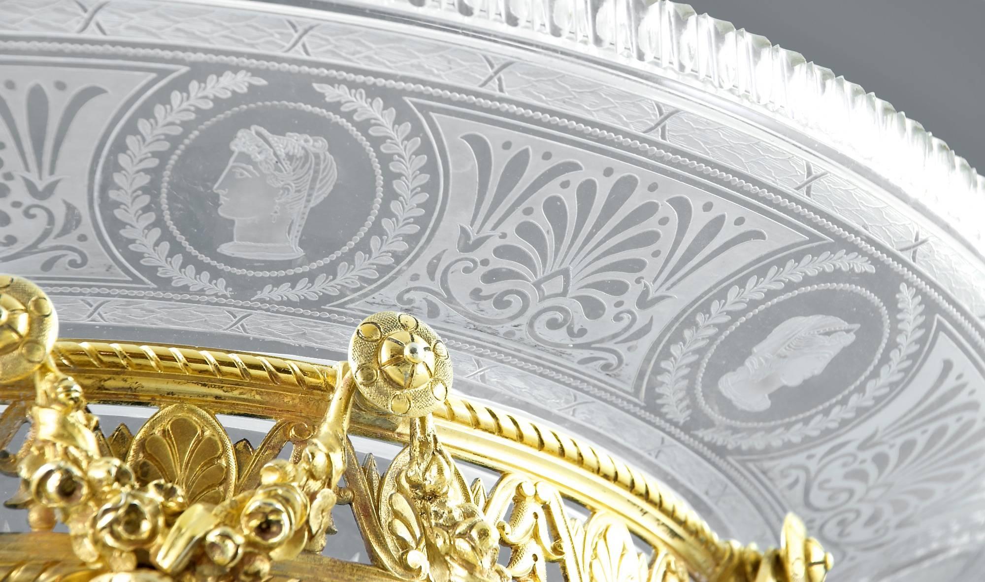 English Victorian Silver-Gilt and Intaglio Cut Glass Centrepiece For Sale