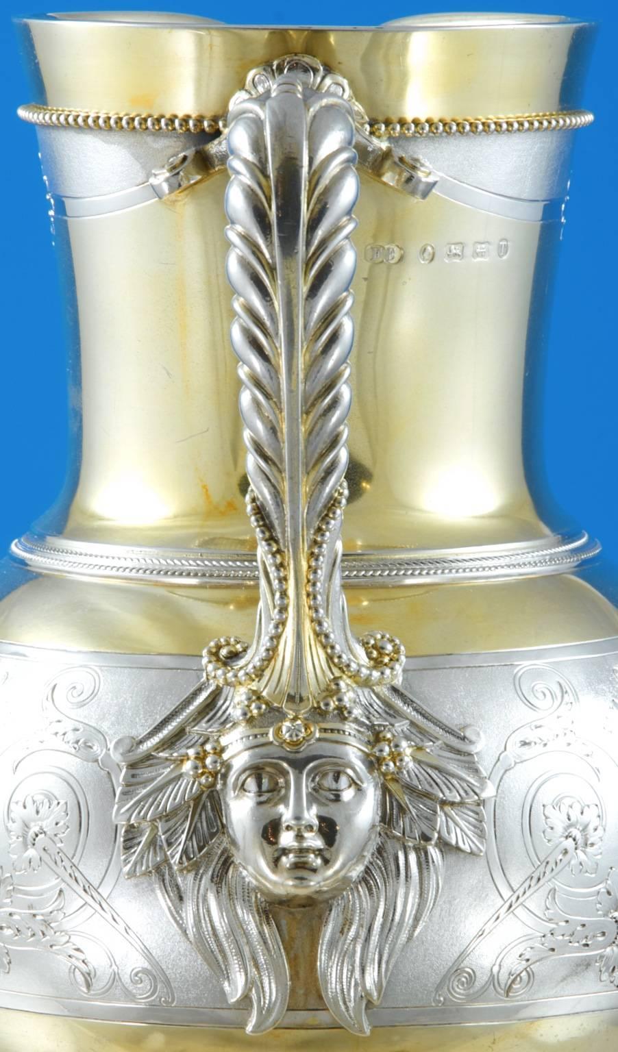 Fine Quality, Pacel-Gilt Sterling Silver Ewer and Pair of Goblets In Excellent Condition For Sale In London, GB