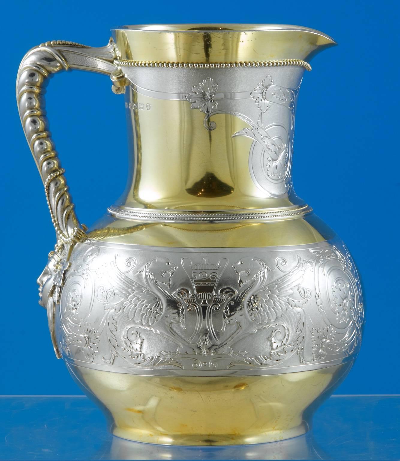 19th Century Fine Quality, Pacel-Gilt Sterling Silver Ewer and Pair of Goblets For Sale