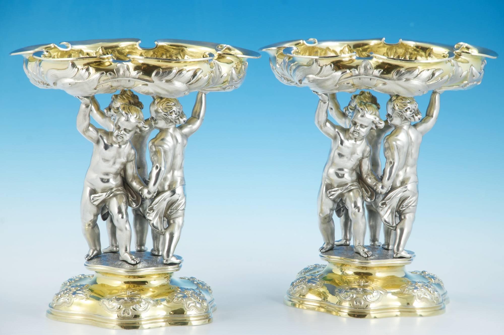 Superb Parcel-Gilt Sterling-Silver Centerpiece and Pair of Comports For Sale 1