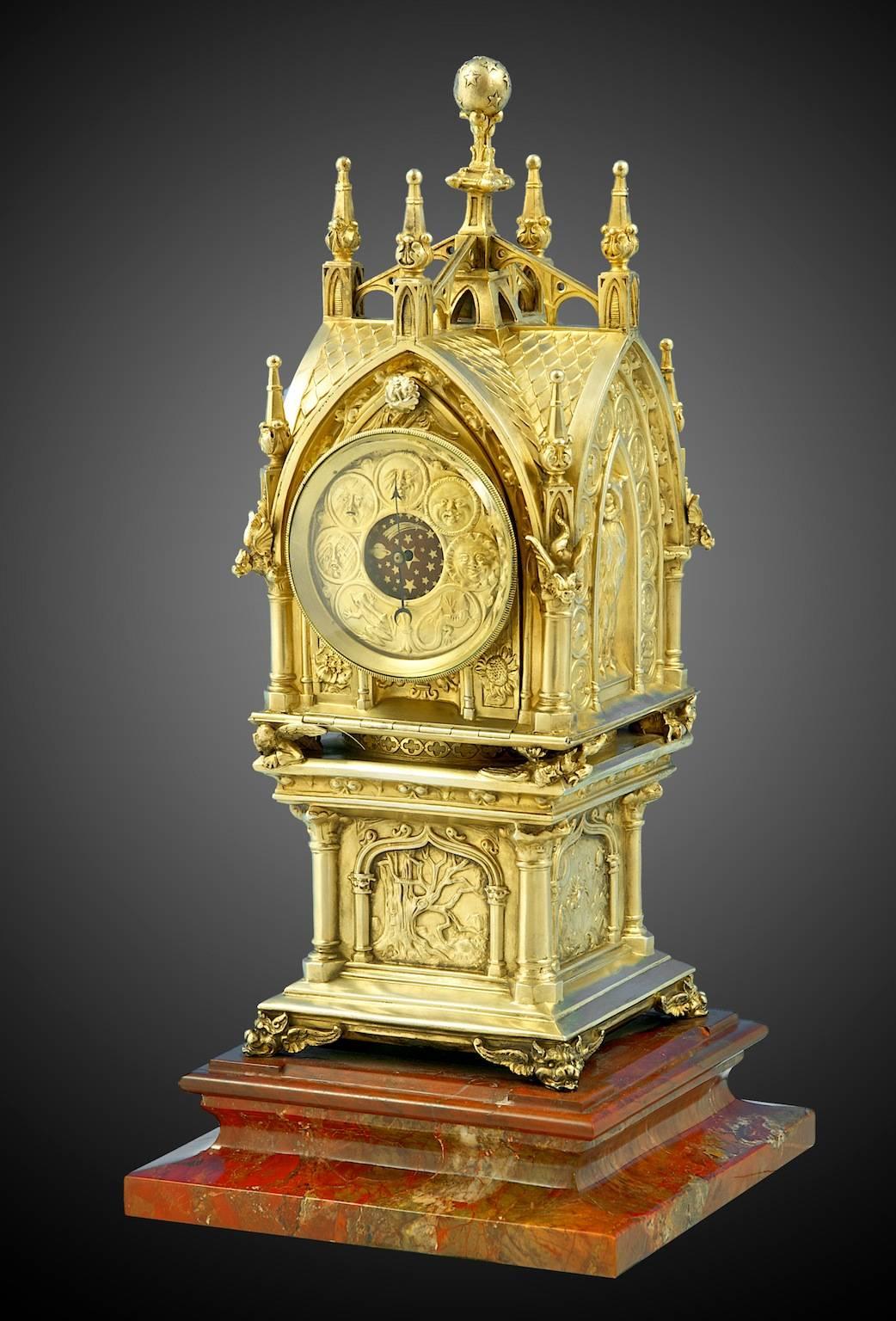 The design attributed by Lucien Clement Steiner, circa 1878.
Measures: 13 inches (33cm) high.
Signed 'Tiffany' on the case and movement.
Also signed 'Steiner' on the case.
 