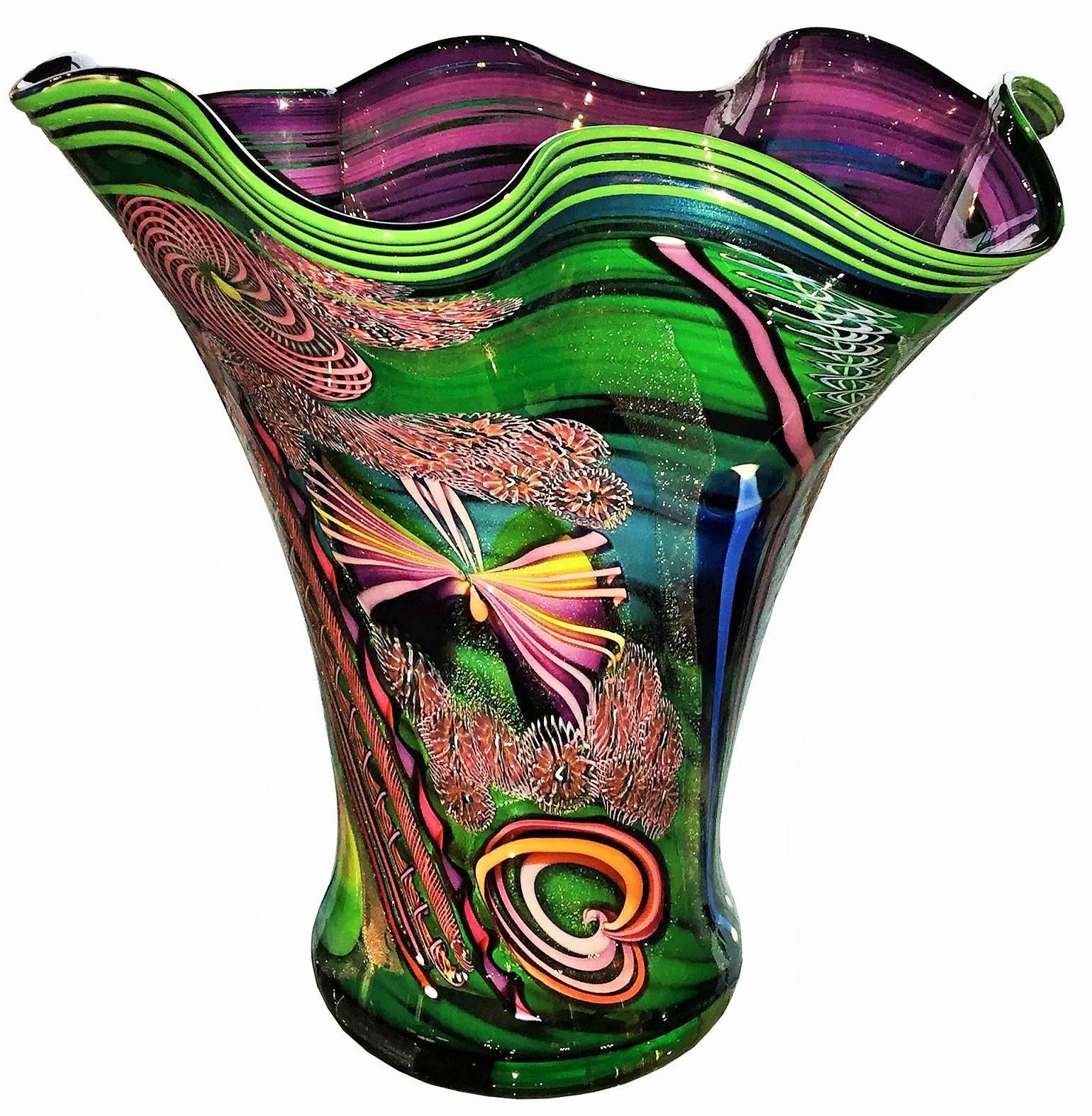 Fluted Aquarium Vase with Canes and Murrine Details by James E. Nowak
