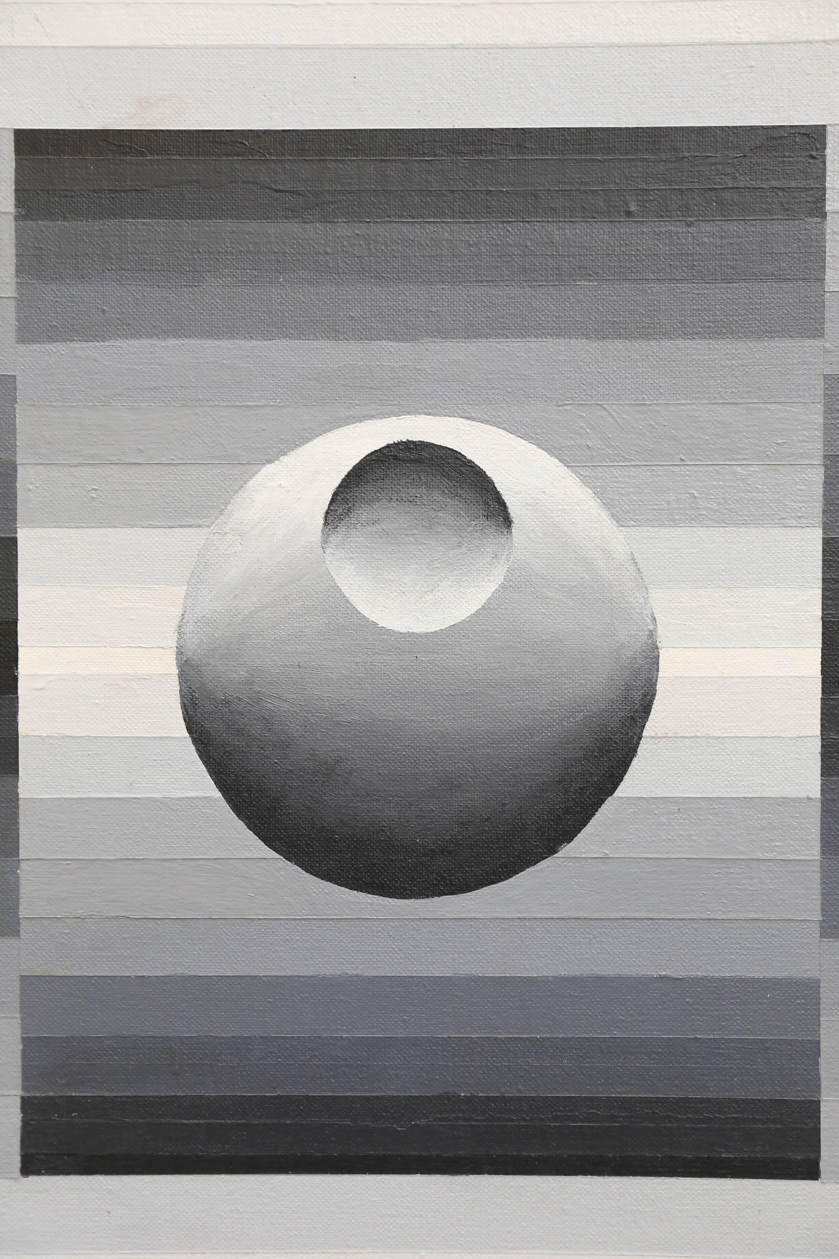Laskowskie's gray on gray asymmetrical acrylic on canvas is a fine example of gradient panting. The back panel begins and ends with lightest color of gray meeting in the middle with the darkest. The middle panel is positioned using the exact