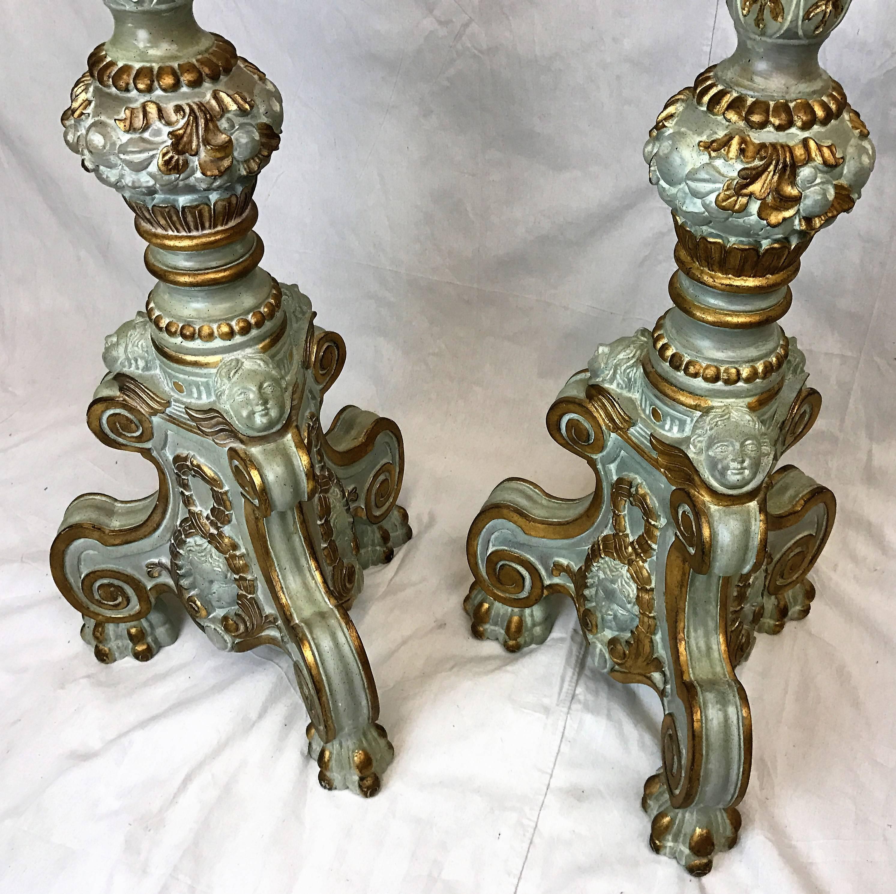 Wood Pair of 20th Century, Italian, Blue and Gold Candlesticks