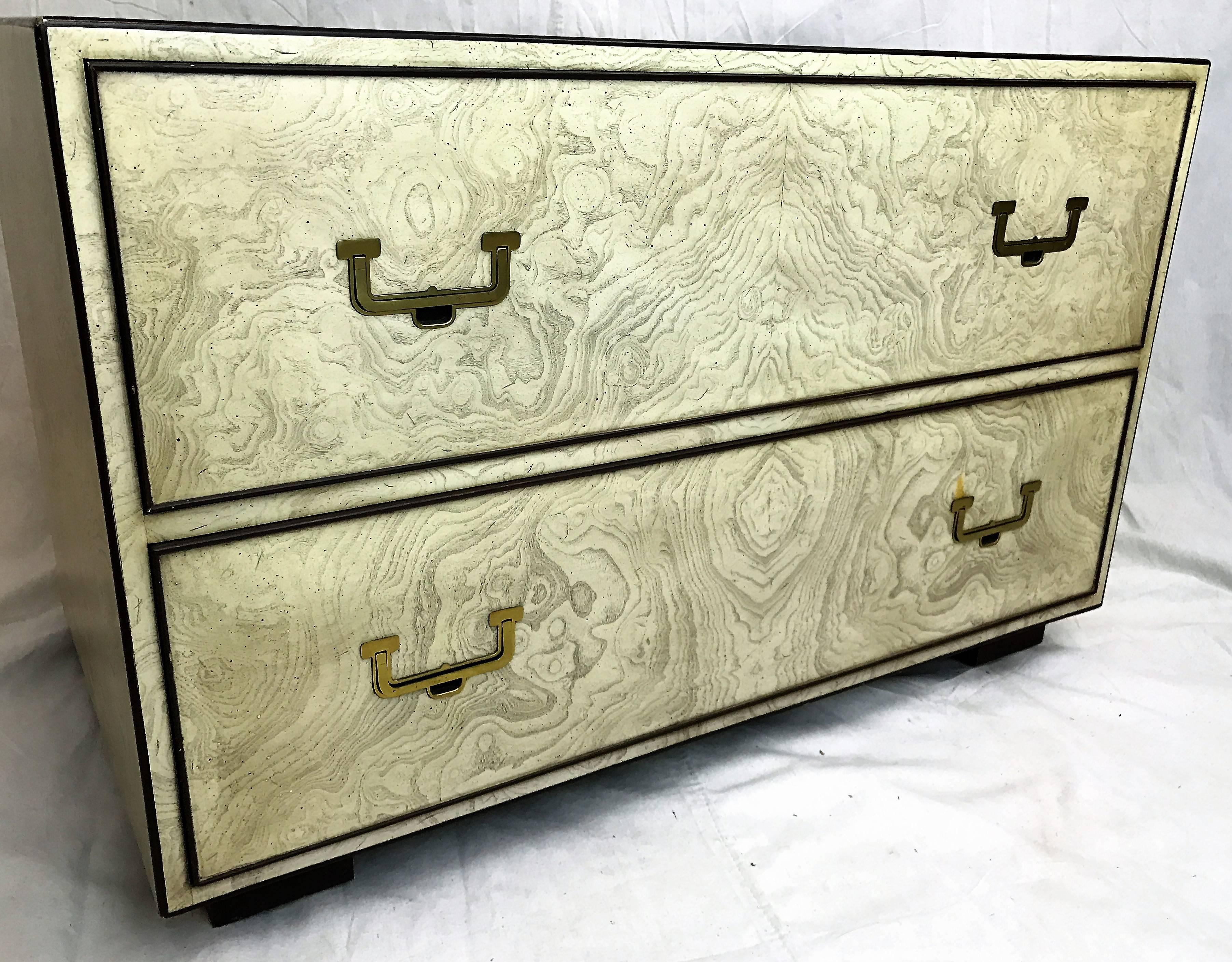 Stylish pair of burl and brass chests by Widdicomb. The beautiful burl wood graining is spectacular. The piece is finished with brass Campaign style hardware. Labelled John Widdicomb, Grand Rapids, USA.
  