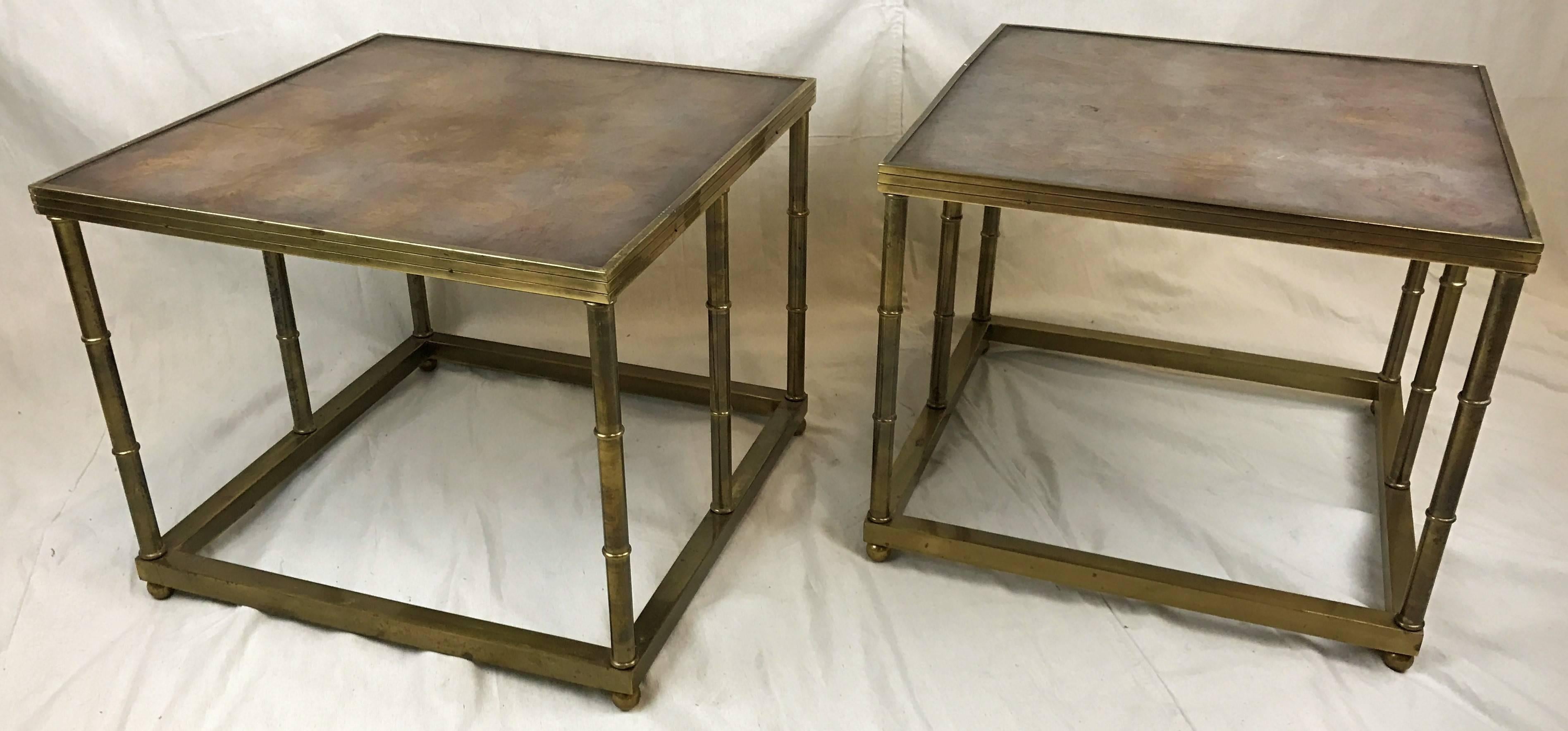 Pair of Mastercraft Mid-Century Burl and Brass Side Tables For Sale 1