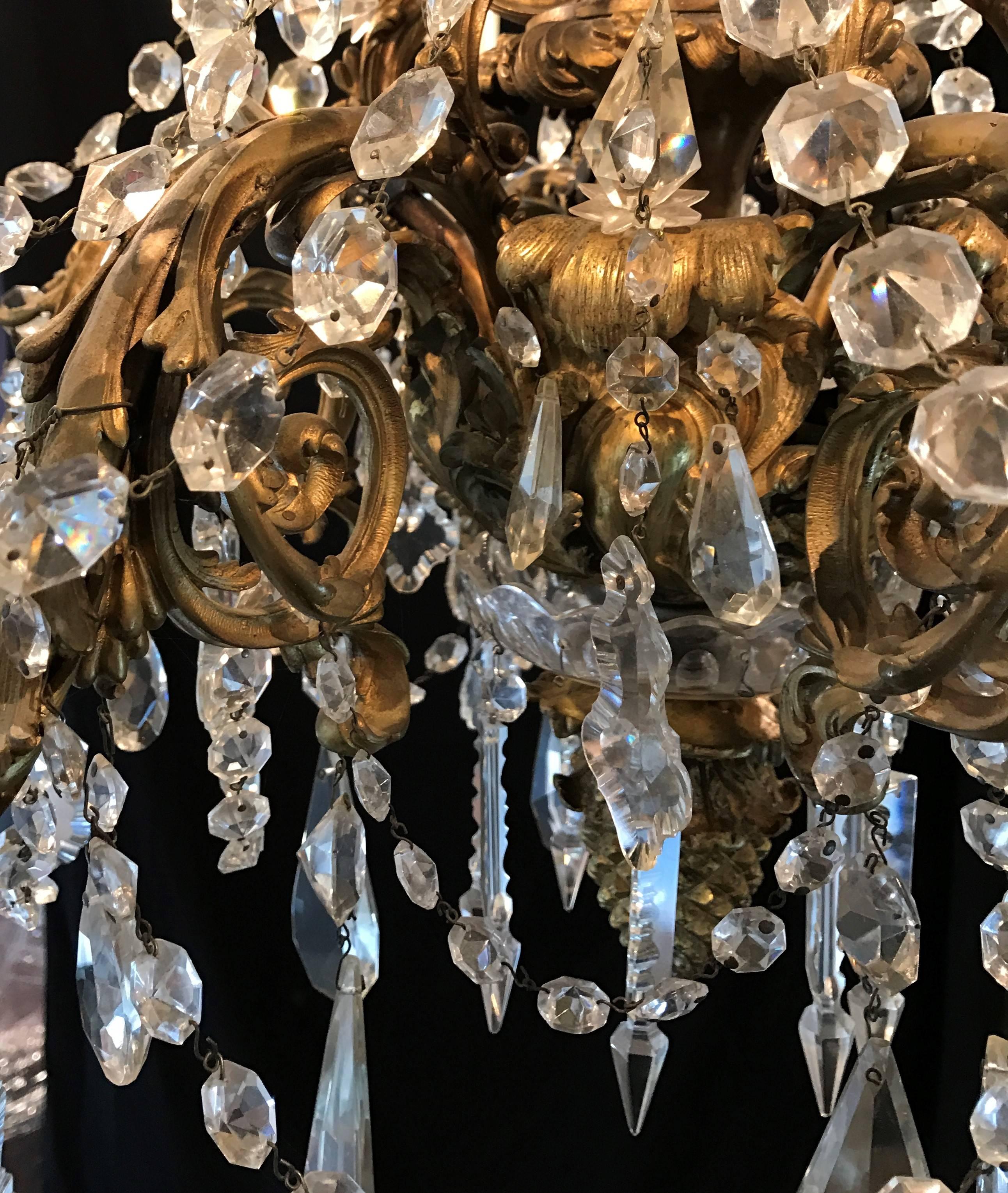 Faceted French Dore Bronze Crystal Waterfall Six-Light Chandelier Attributed to Baccarat For Sale