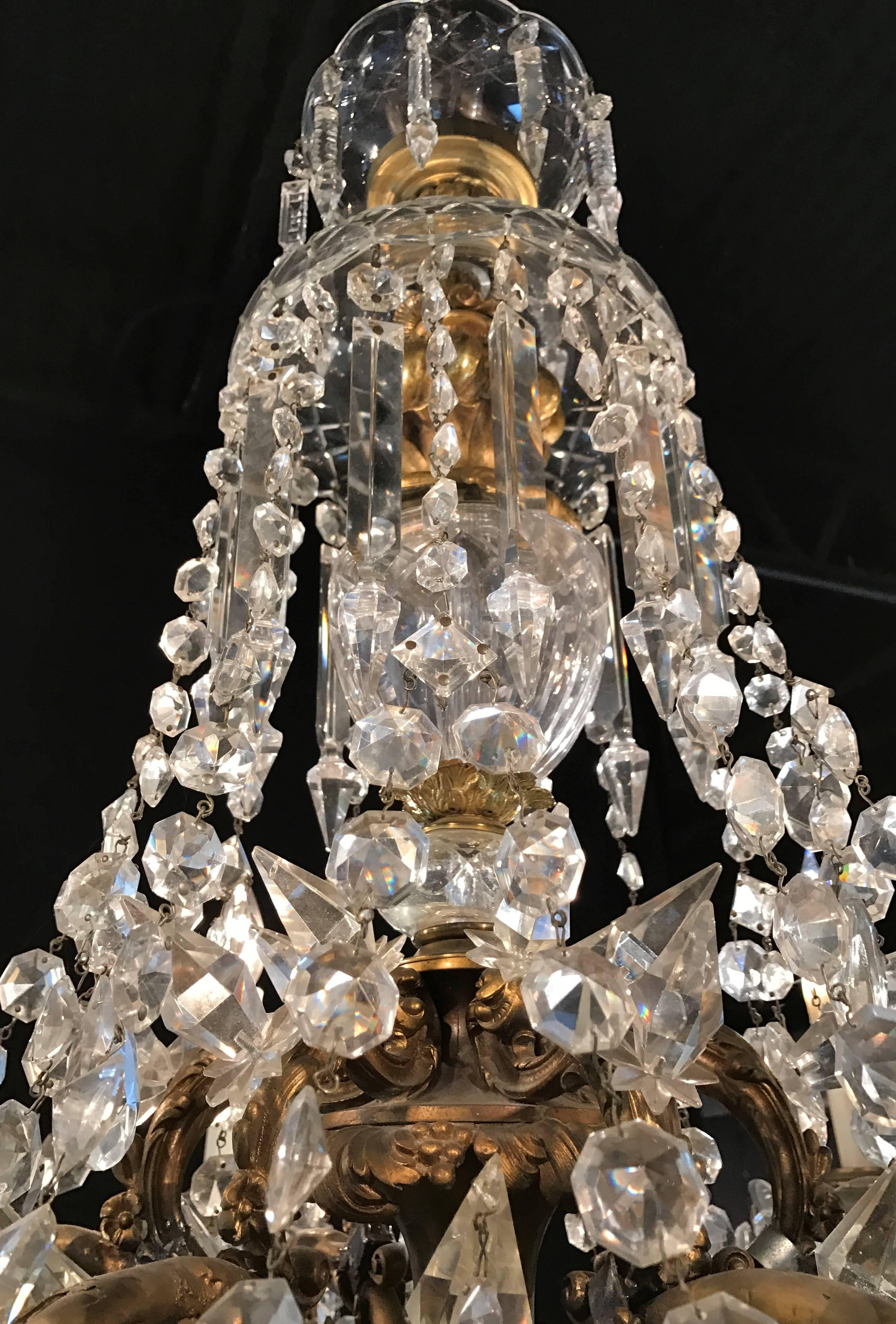 Mid-Century Modern French Dore Bronze Crystal Waterfall Six-Light Chandelier Attributed to Baccarat For Sale