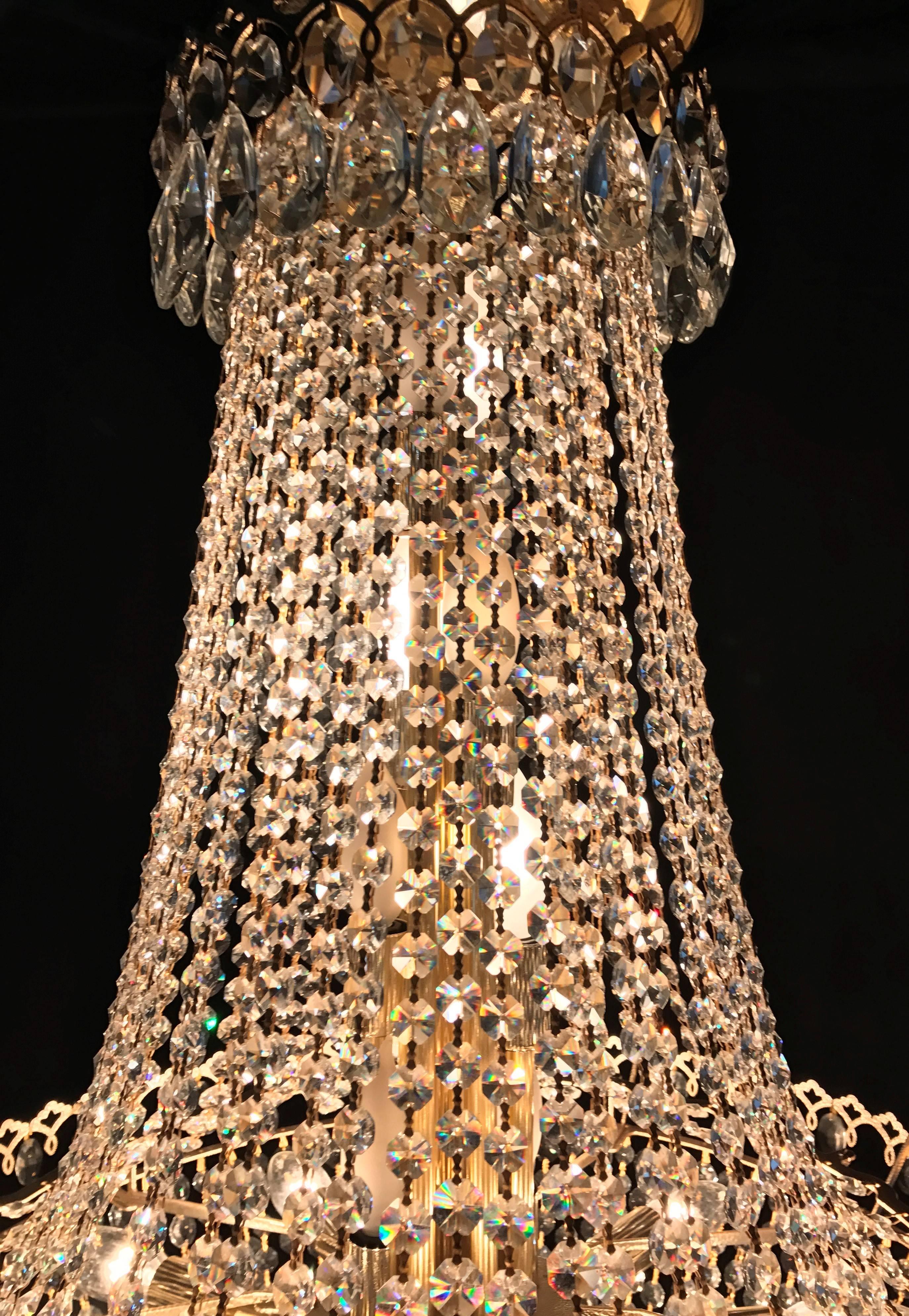 Italian 20th Century Brass and Crystal Faceted Bead Basket Chandelier