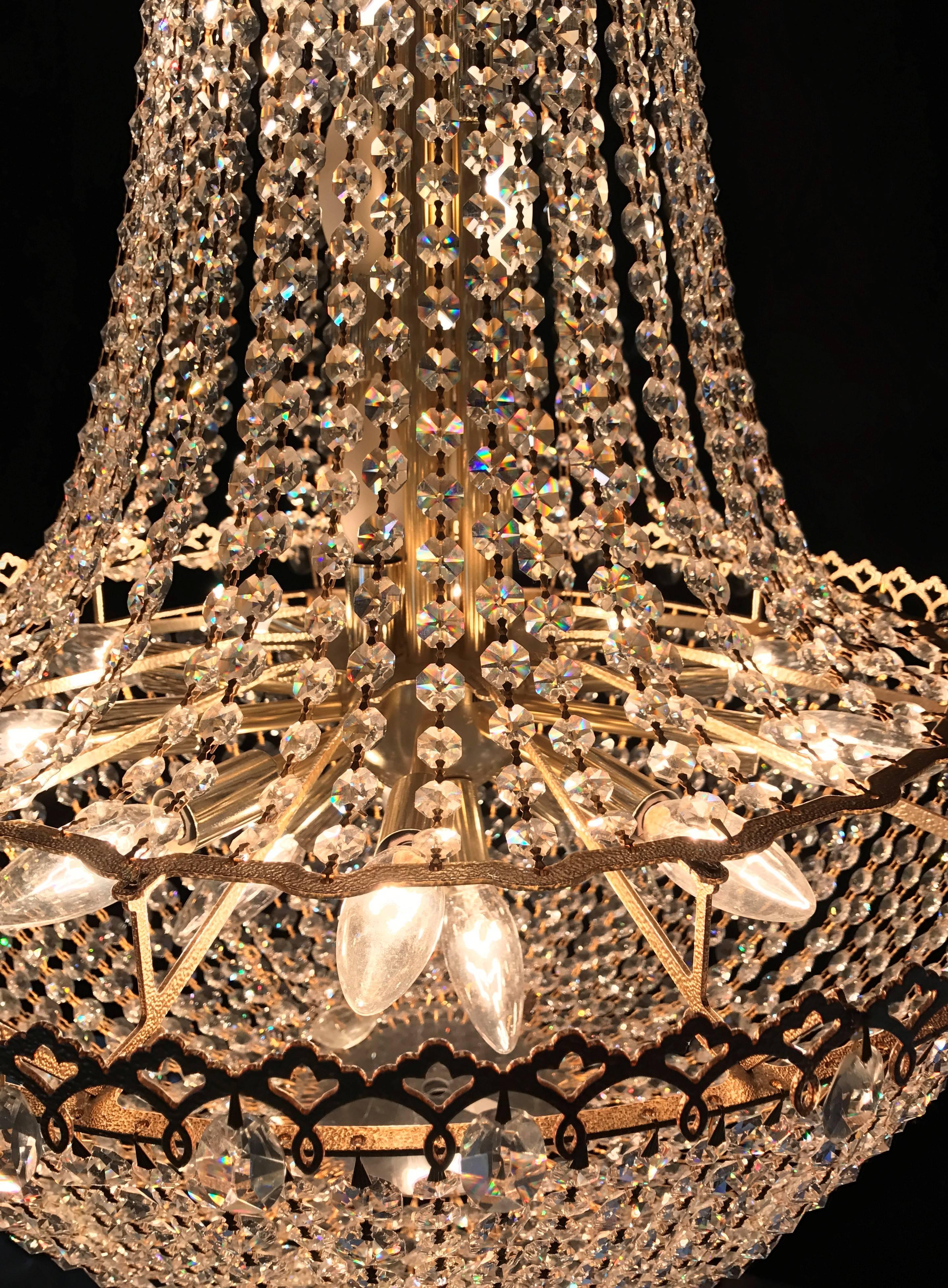 20th Century Brass and Crystal Faceted Bead Basket Chandelier 1