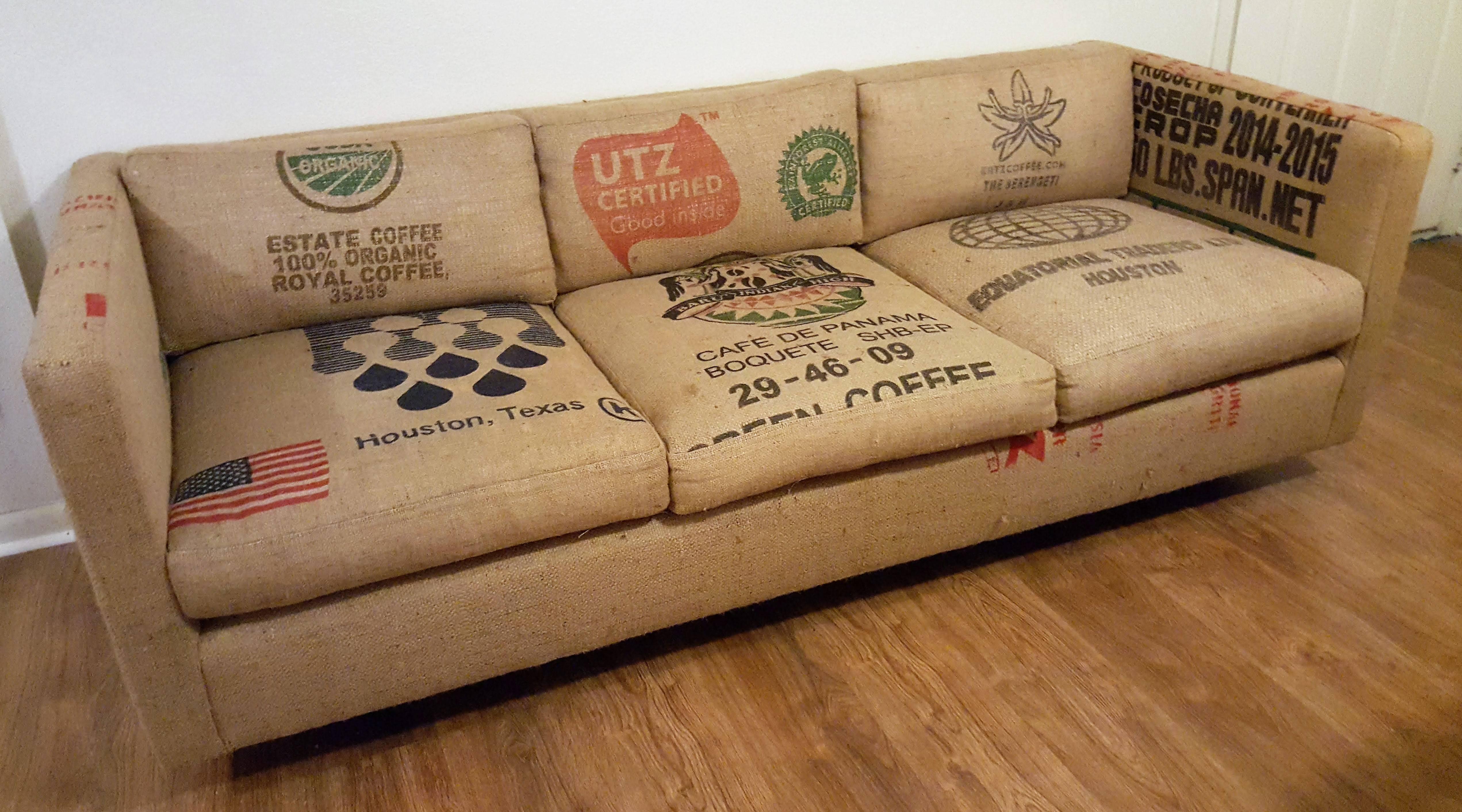 Perfect sofa for a casually fun room! 
Burlap or jute has in use since the early 1800s. It is strong, durable, resistant to heat and water seepage, and easy to dye. Today most of the world's burlap (90%) still comes from Bangladesh and India.