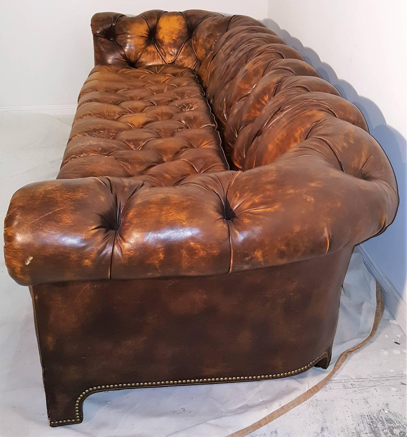 Rare Ralph Morse Chesterfield Leather Sofa In Fair Condition In Houston, TX
