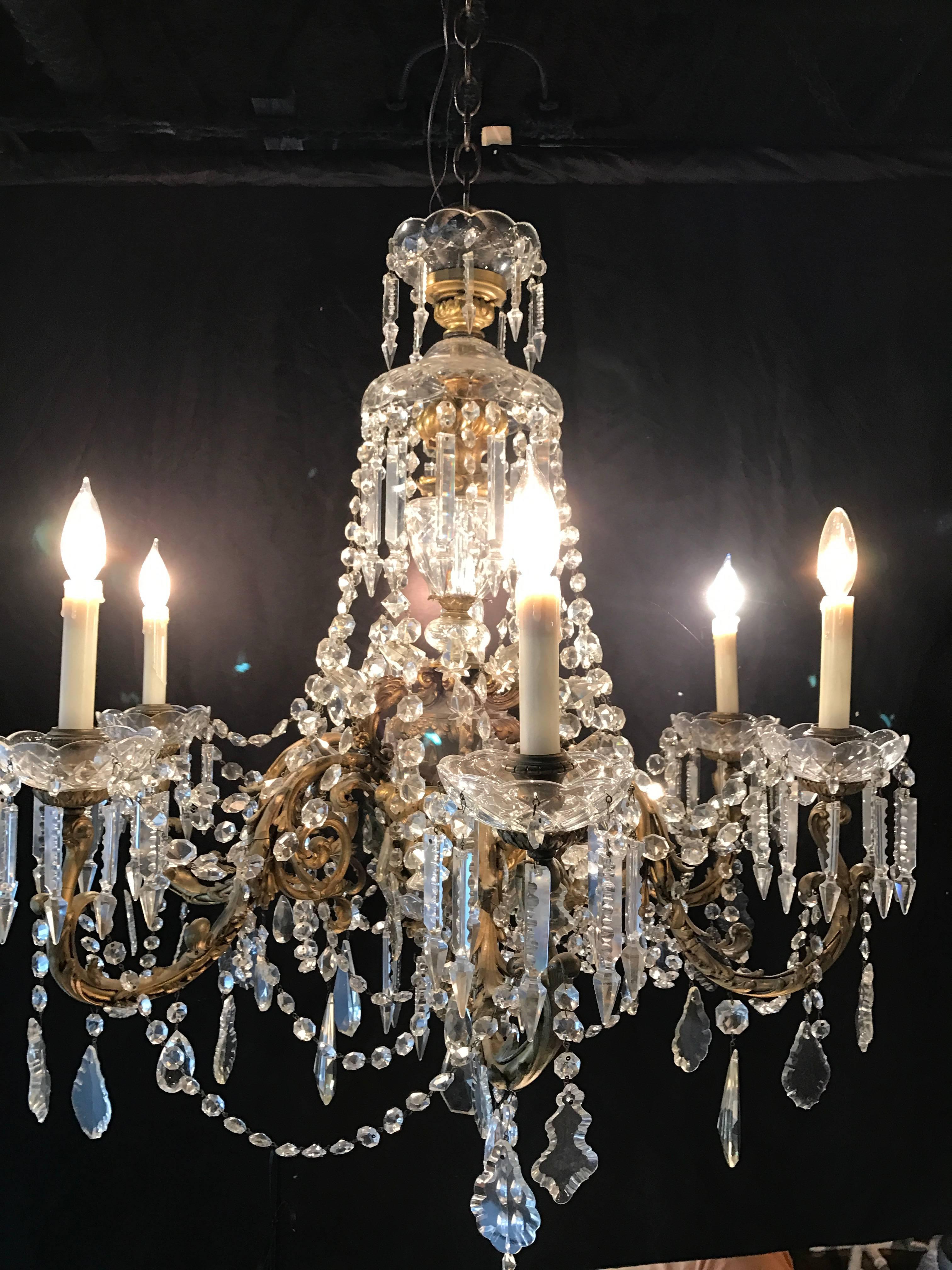 French Dore Bronze Crystal Waterfall Six-Light Chandelier Attributed to Baccarat For Sale 3