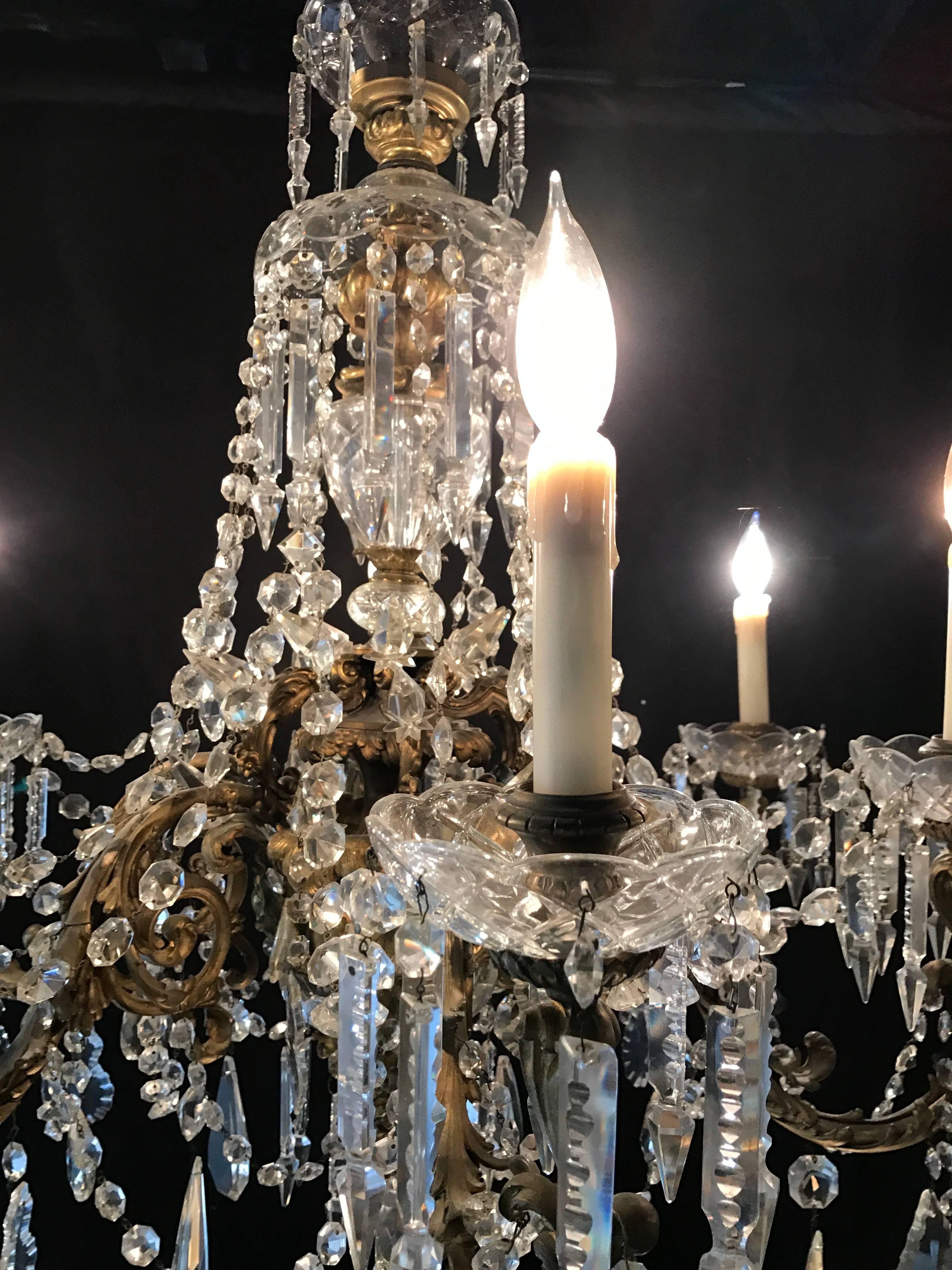 French Dore Bronze Crystal Waterfall Six-Light Chandelier Attributed to Baccarat For Sale 1
