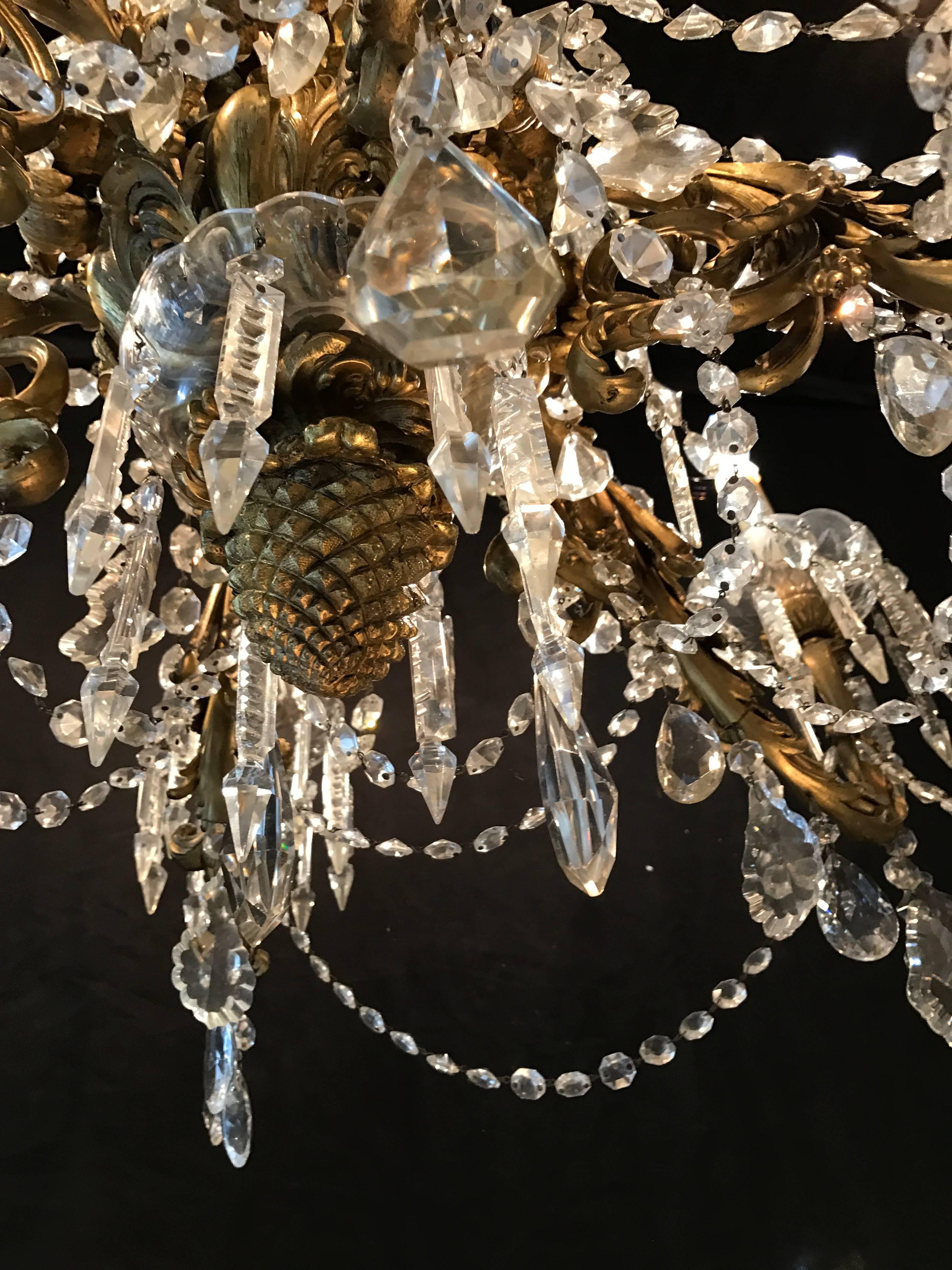 French Dore Bronze Crystal Waterfall Six-Light Chandelier Attributed to Baccarat In Fair Condition For Sale In Houston, TX