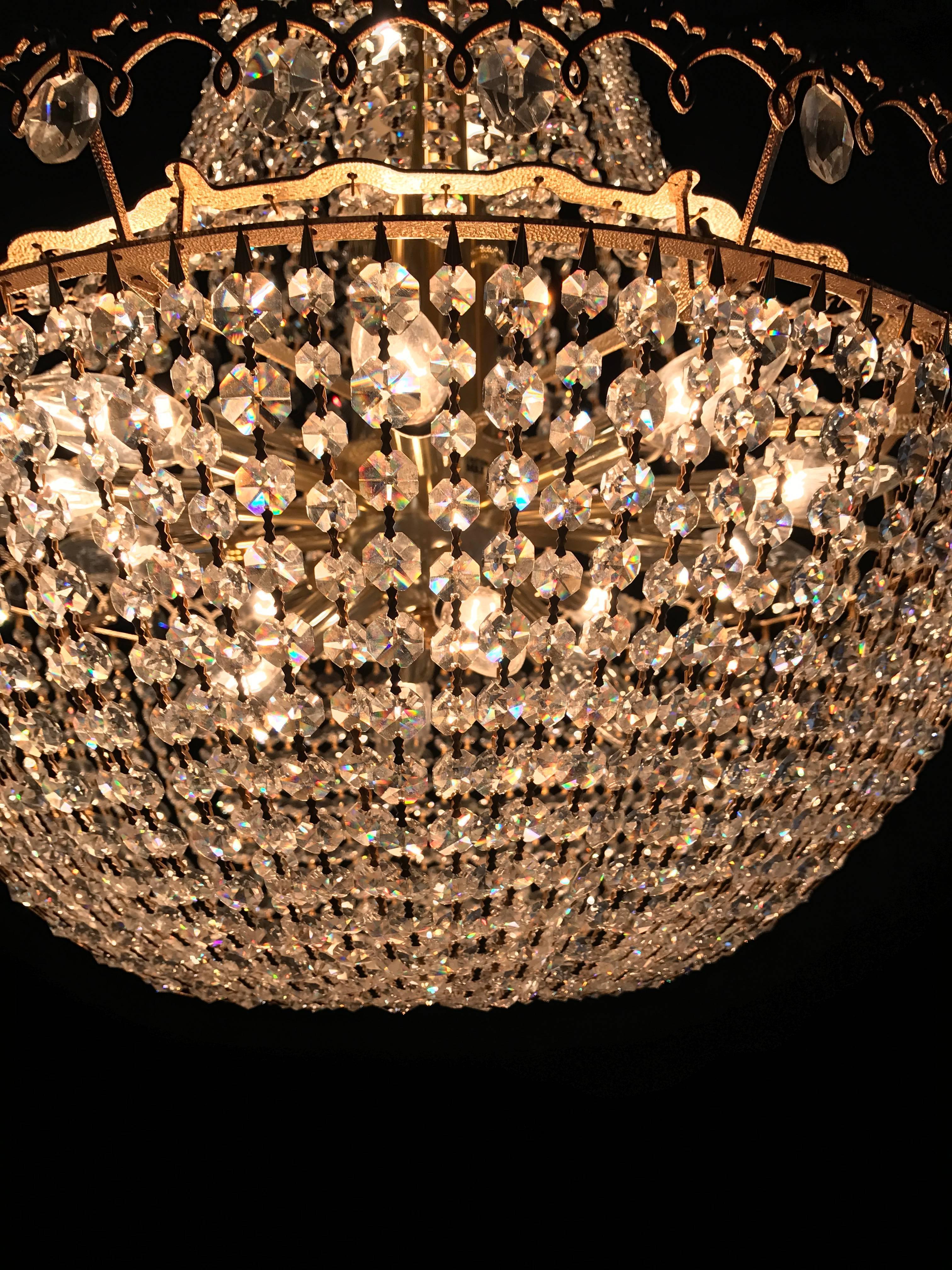 Bronze 20th Century Brass and Crystal Faceted Bead Basket Chandelier