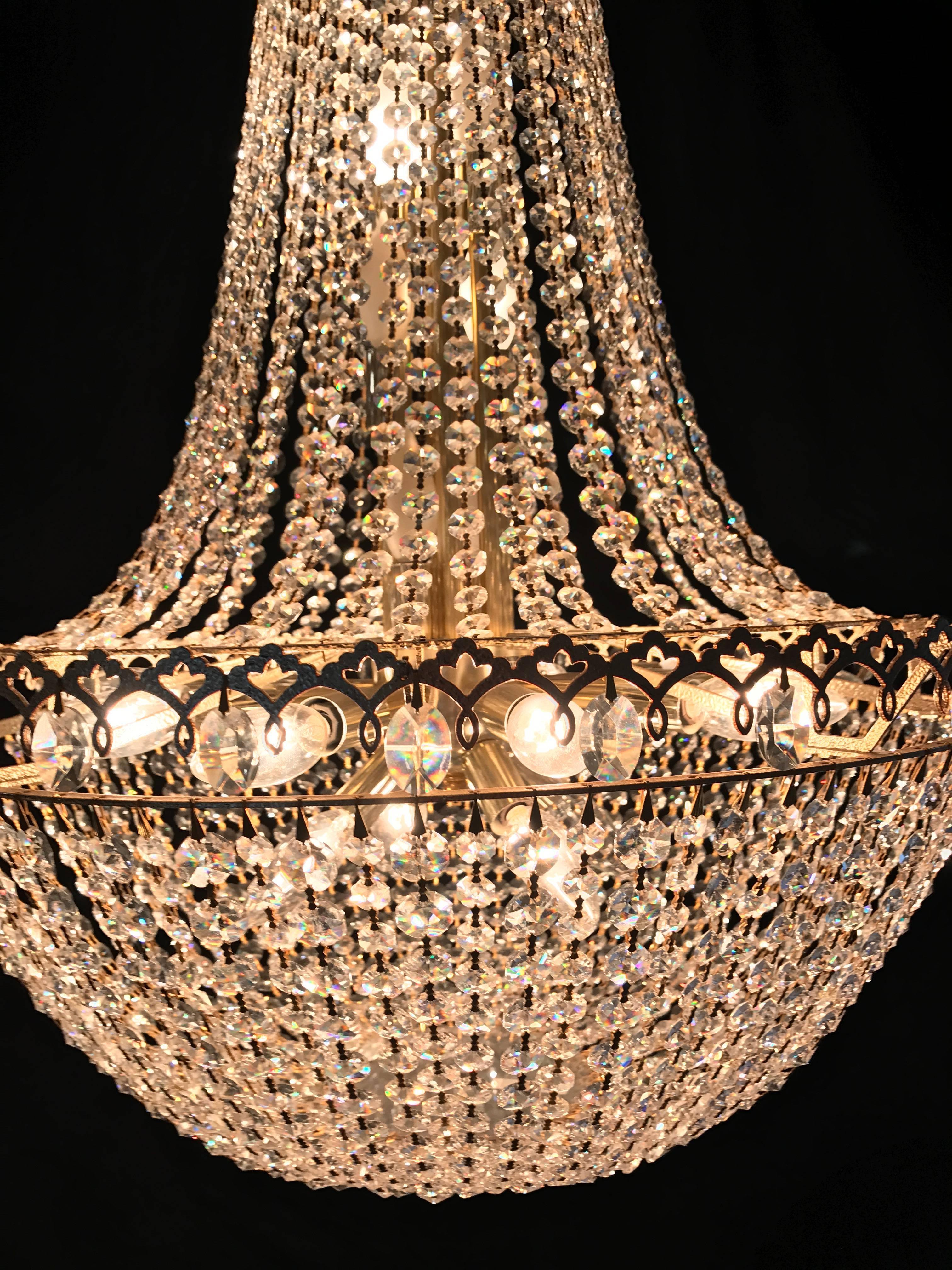 Mid-Century Modern 20th Century Brass and Crystal Faceted Bead Basket Chandelier