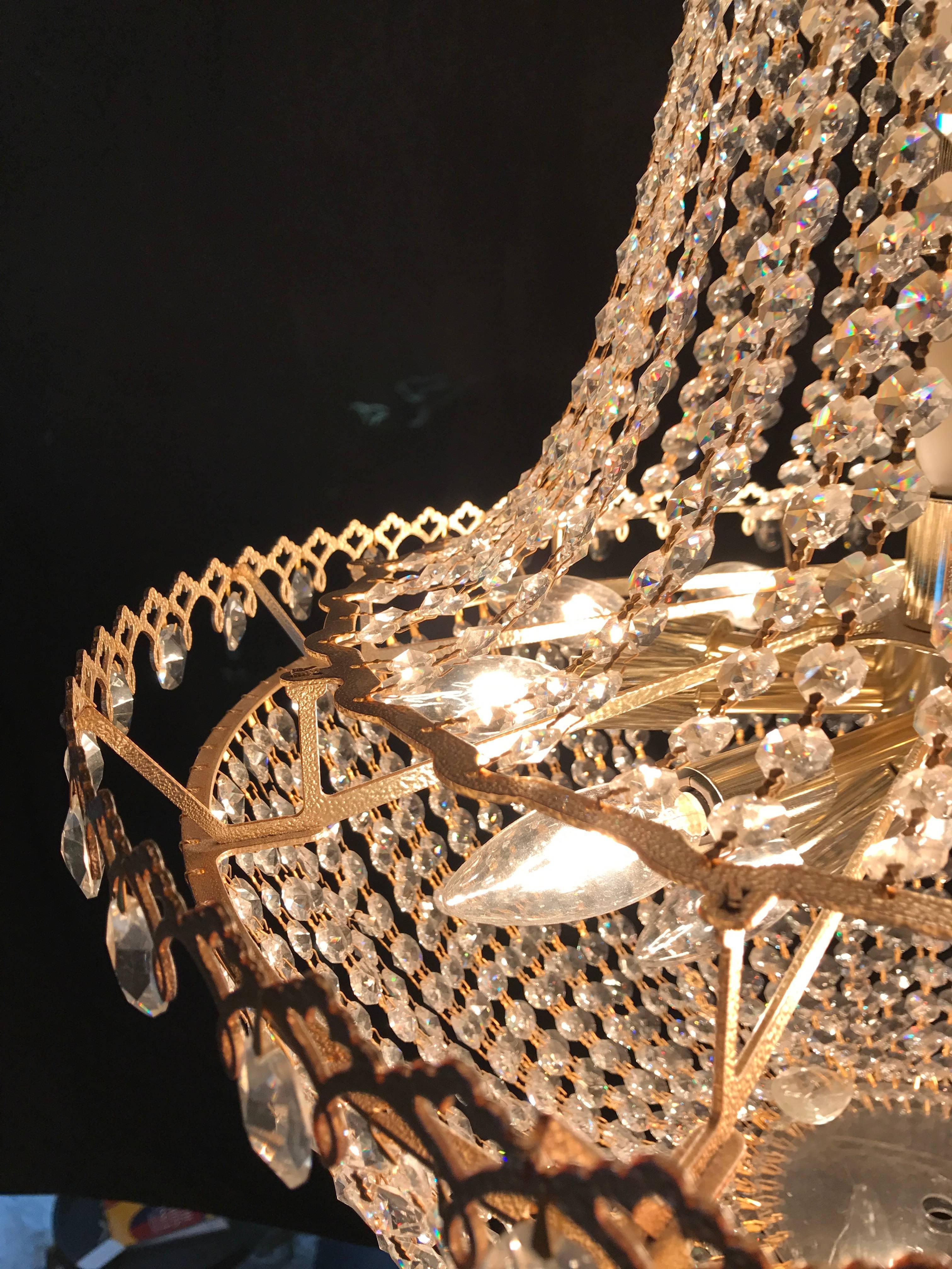20th Century Brass and Crystal Faceted Bead Basket Chandelier 2