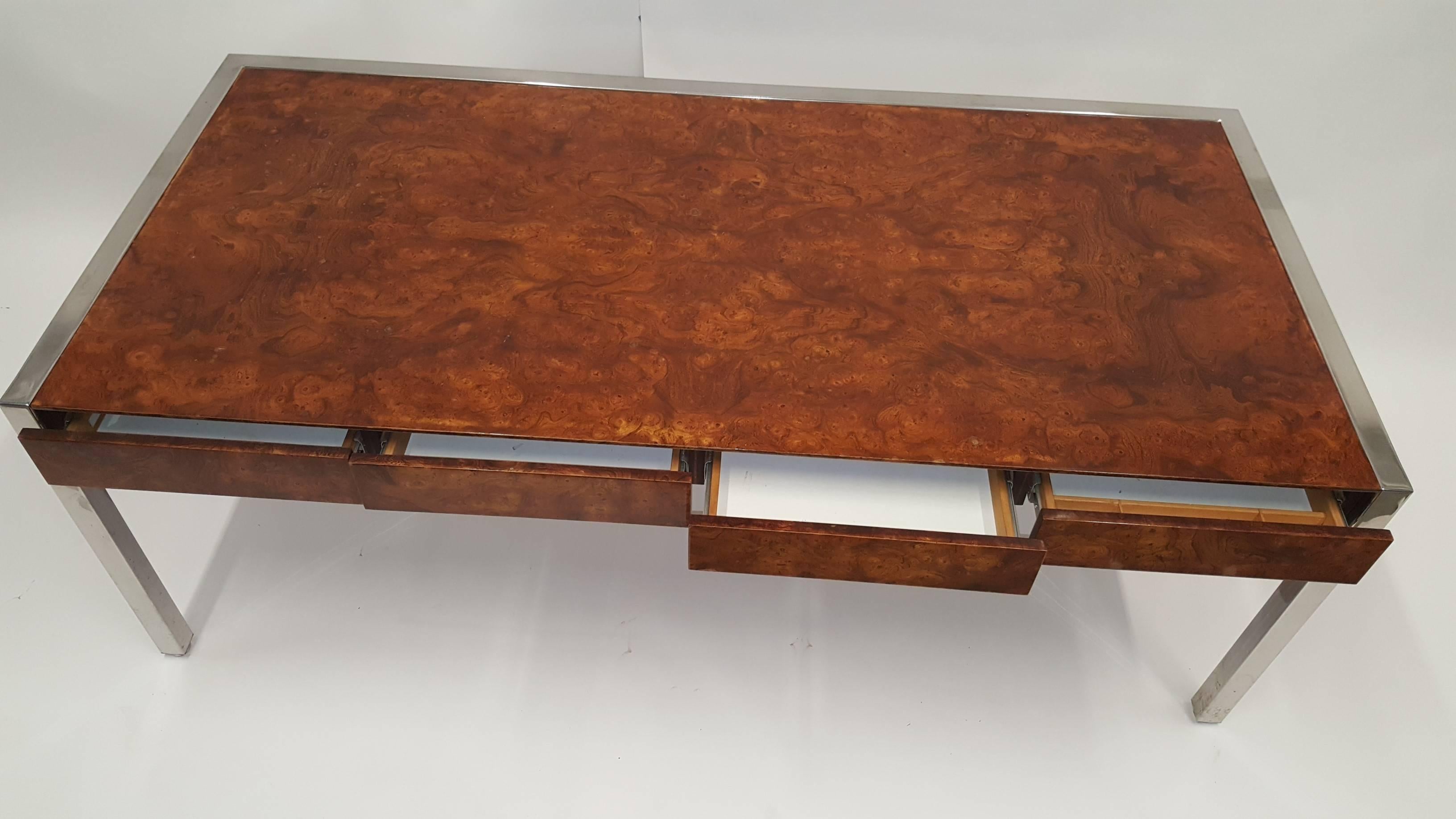 Mid-Century Modern Pace Burl Wood and Chrome Pencil Desk Partner Desk For Sale