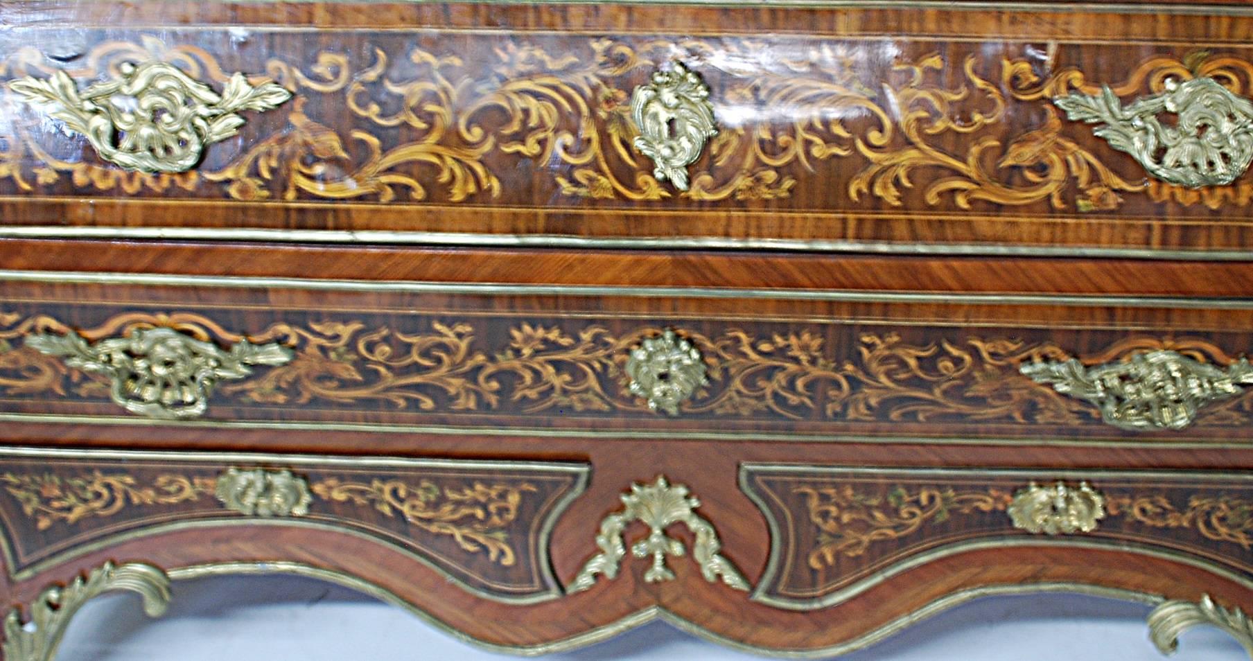 Louis XV style marquetry inlaid, bronze-mounted, Bombay commode.