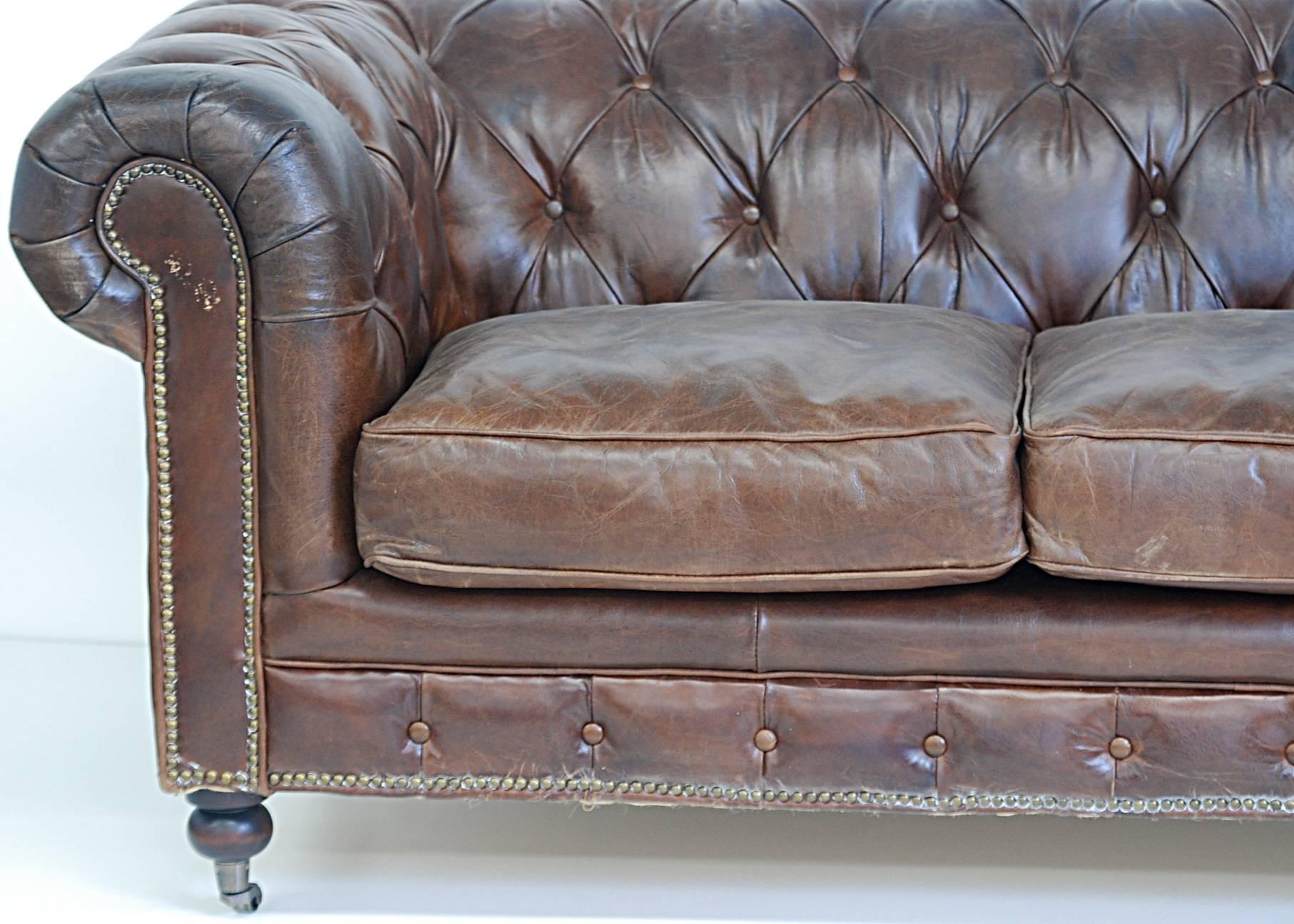 Mid-Century Modern Chesterfield Style Leather Loveseat