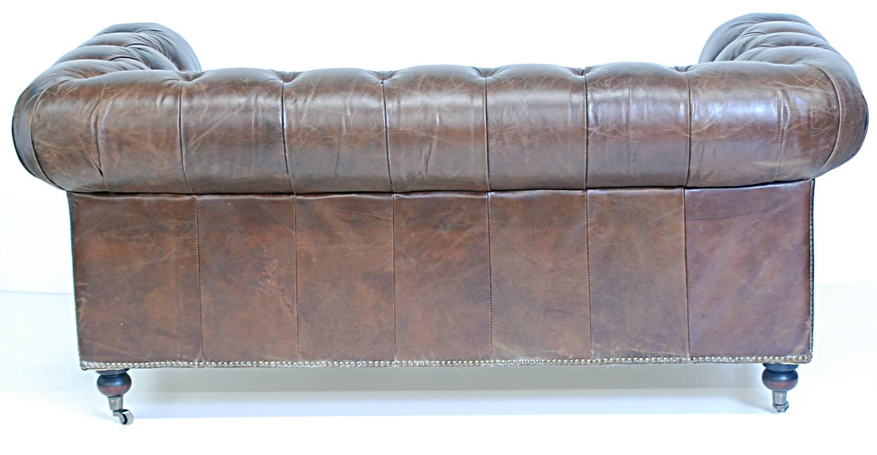 Brass Chesterfield Style Leather Loveseat