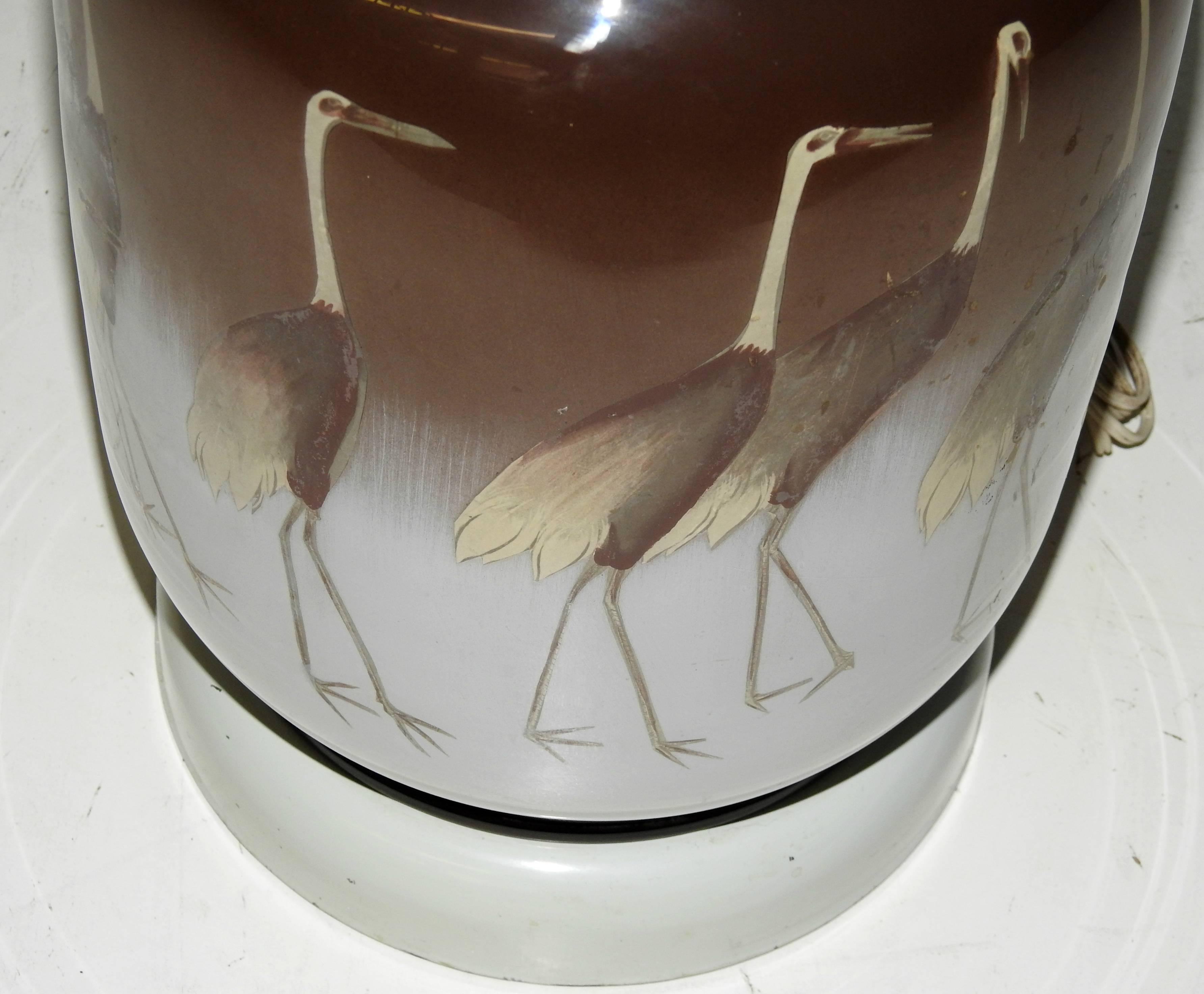 Mid-Century Modern reverse painted glass lamp with multiple herons.