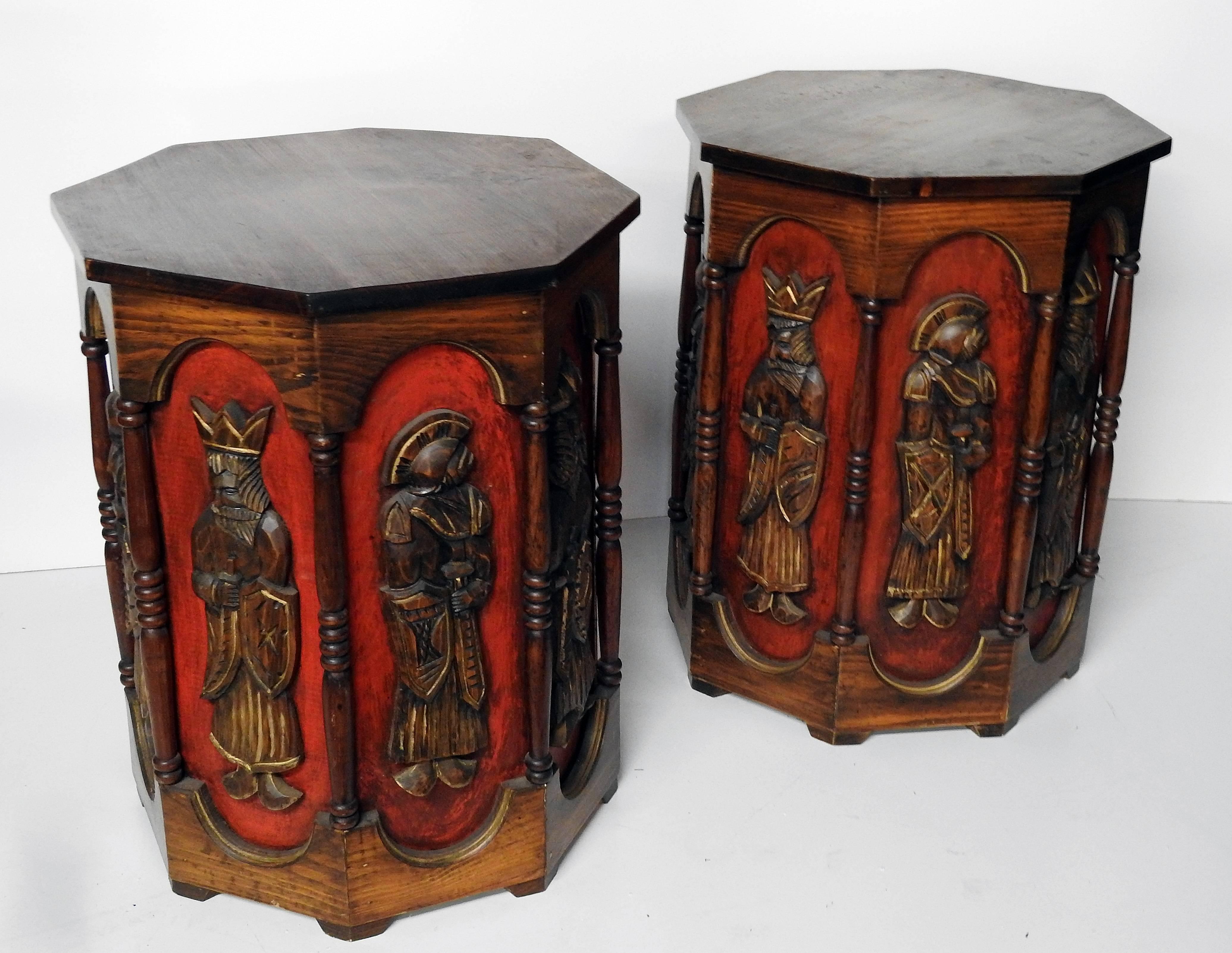 Unusual pair of Mid-Century Modern side tables with carved warriors on the sides, attributed to Witco.