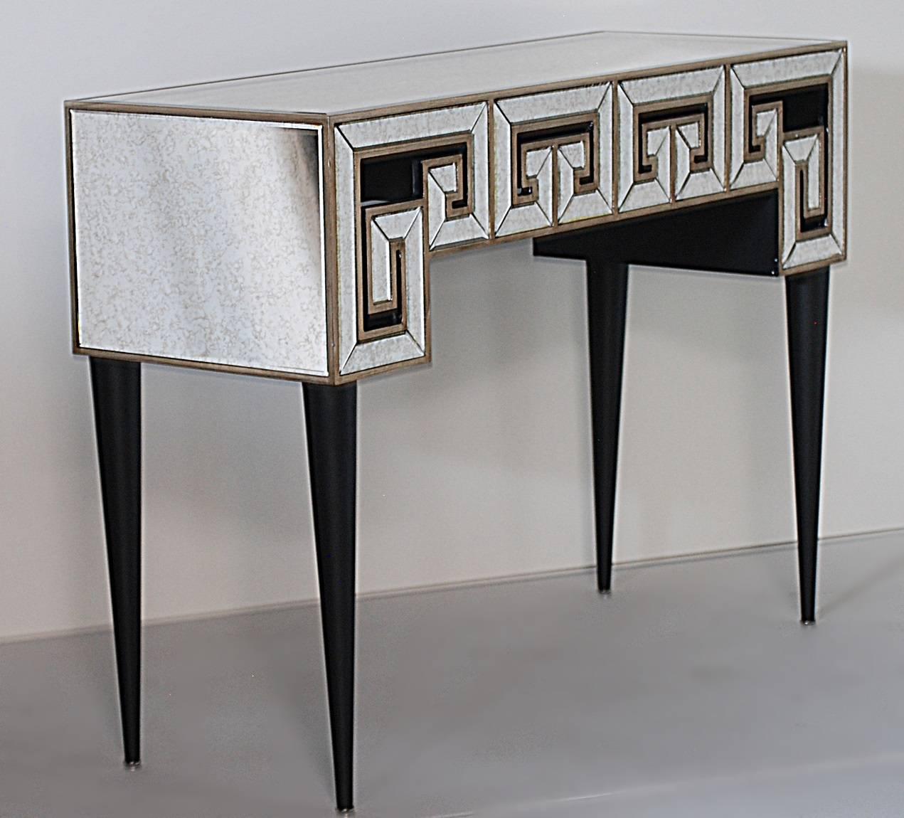 Asian Modern Greek key console table with an antiqued mirror finish.