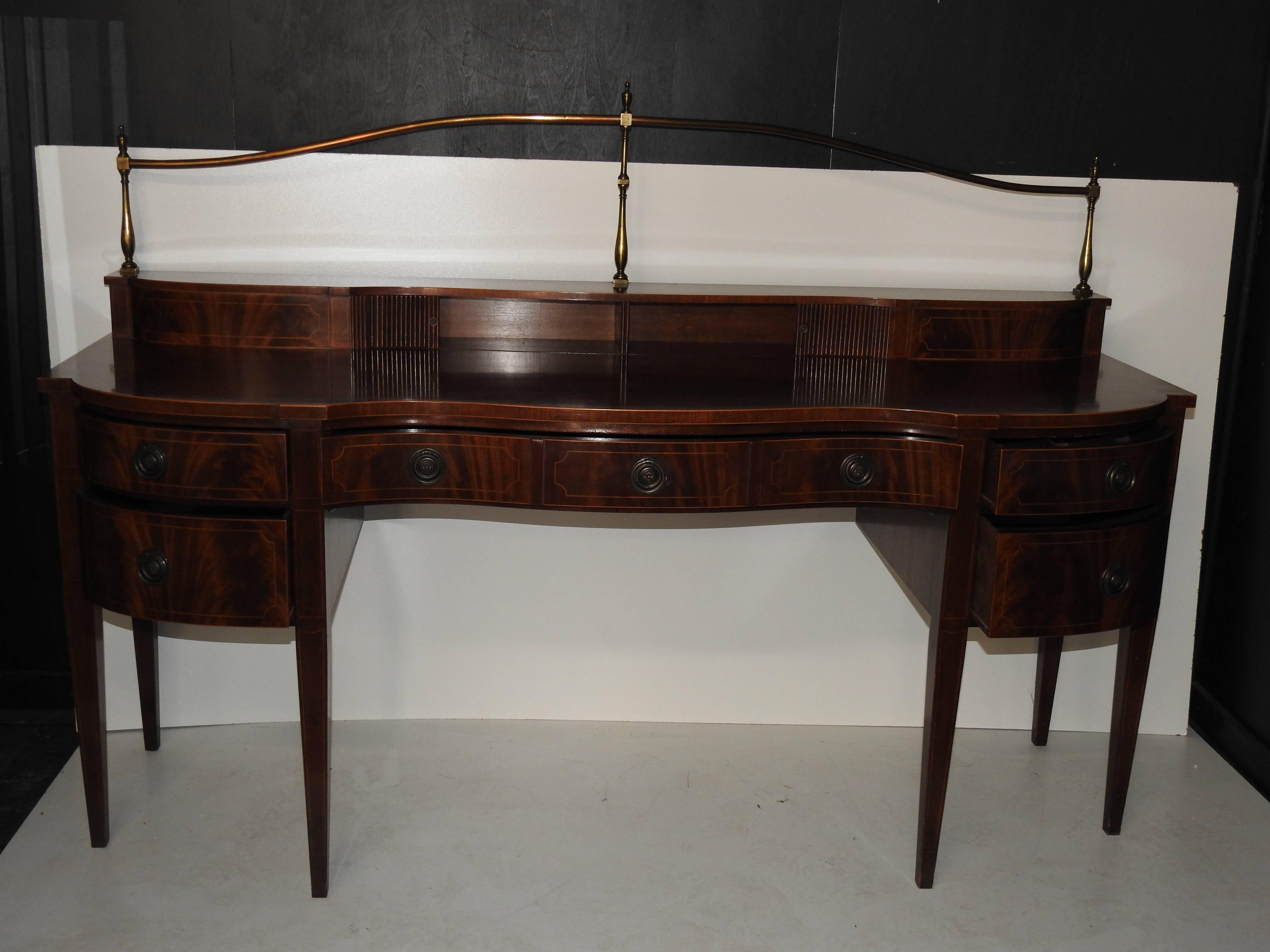 20th Century Georgian Style Inlaid Sideboard with Brass Gallery Super Structure by Baker For Sale