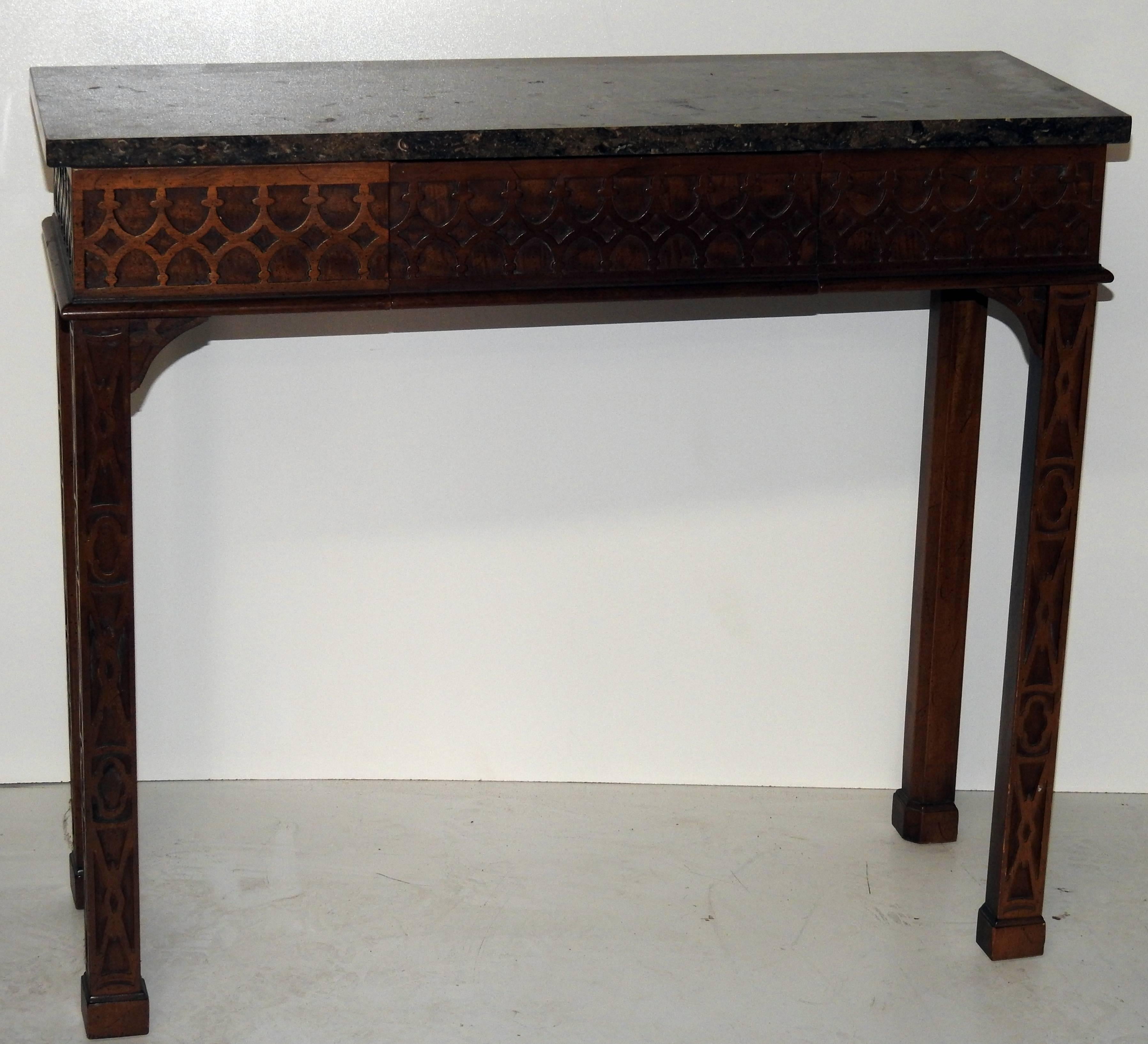 Wallace Nutting by Drexel walnut console table with a granite top.