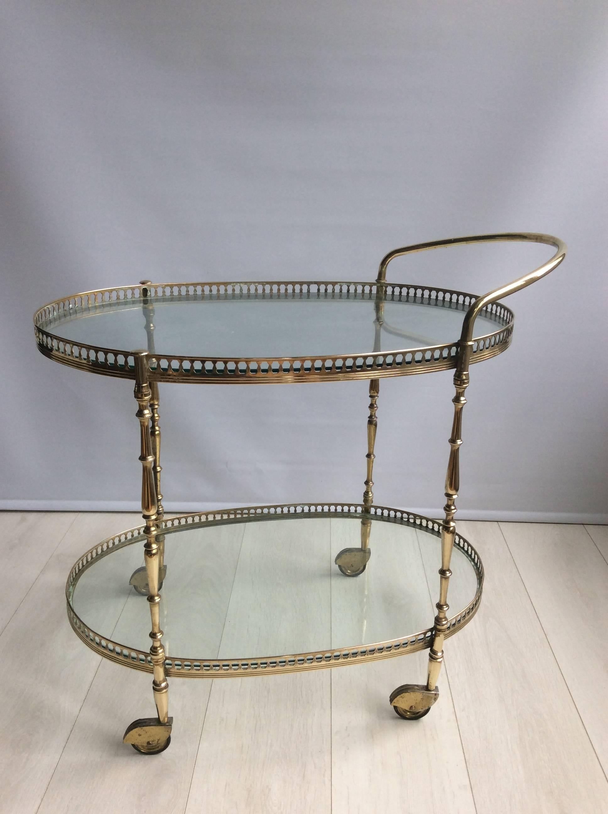Vintage French Brass Oval Drinks Trolley / Bar Cart In Fair Condition In West Sussex, GB