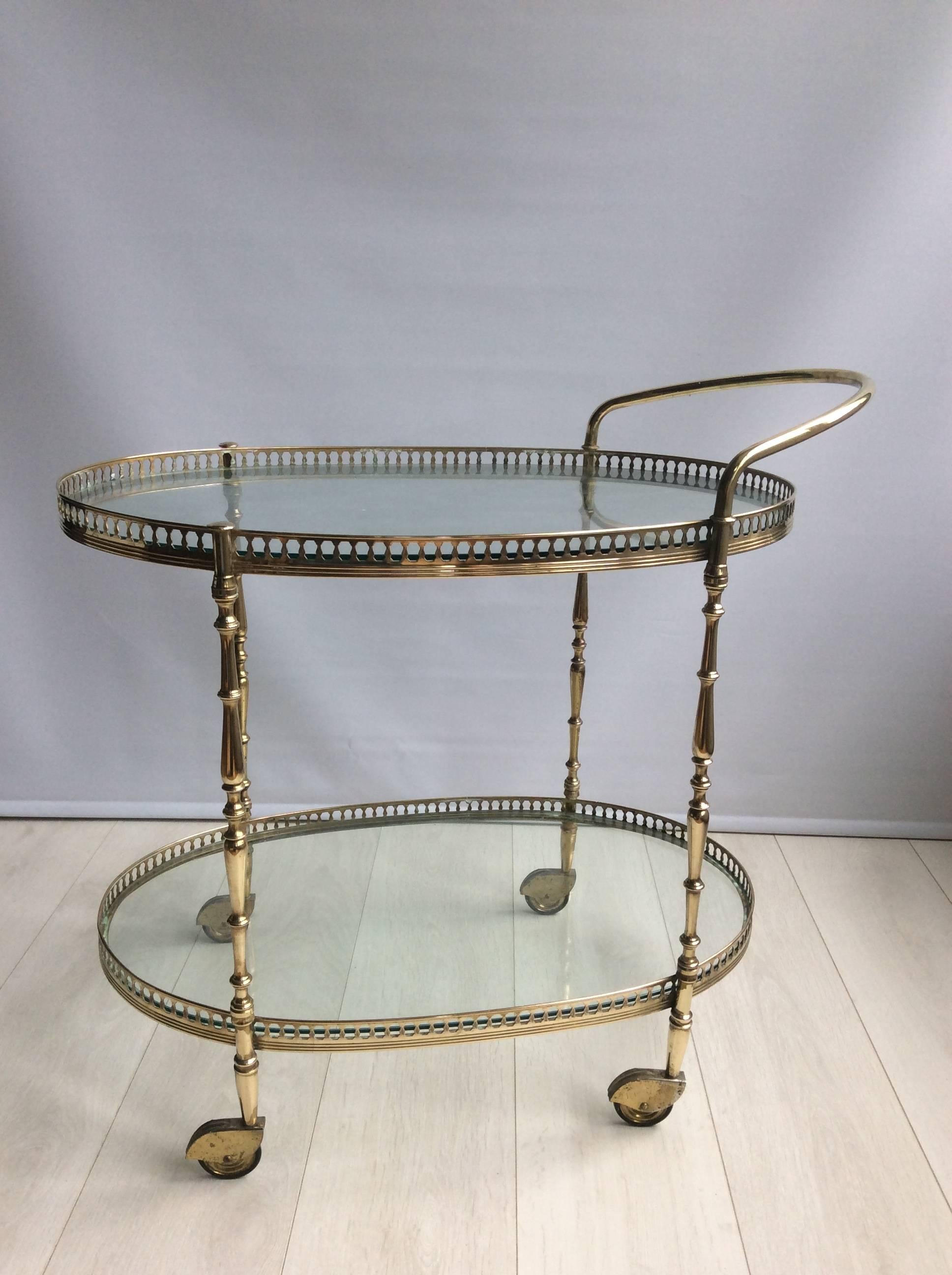 Vintage French Brass Oval Drinks Trolley / Bar Cart 1