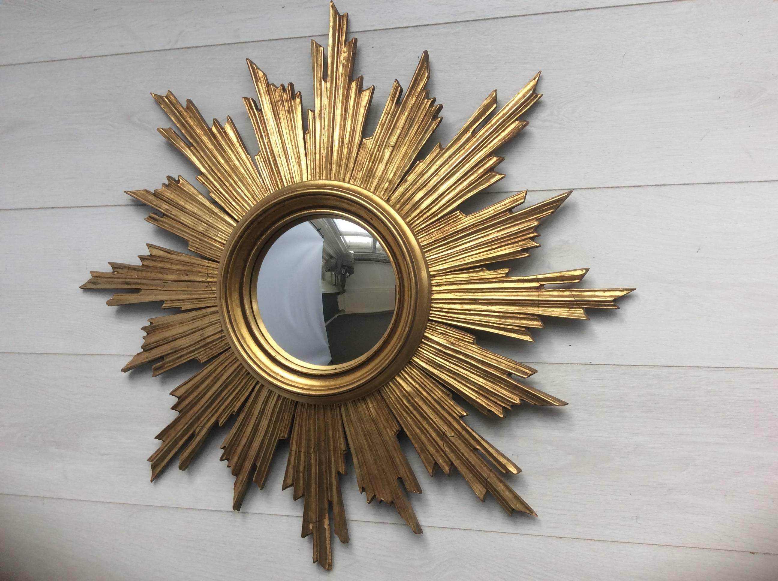 Belgian Vintage Giltwood Sunburst Convex Mirror