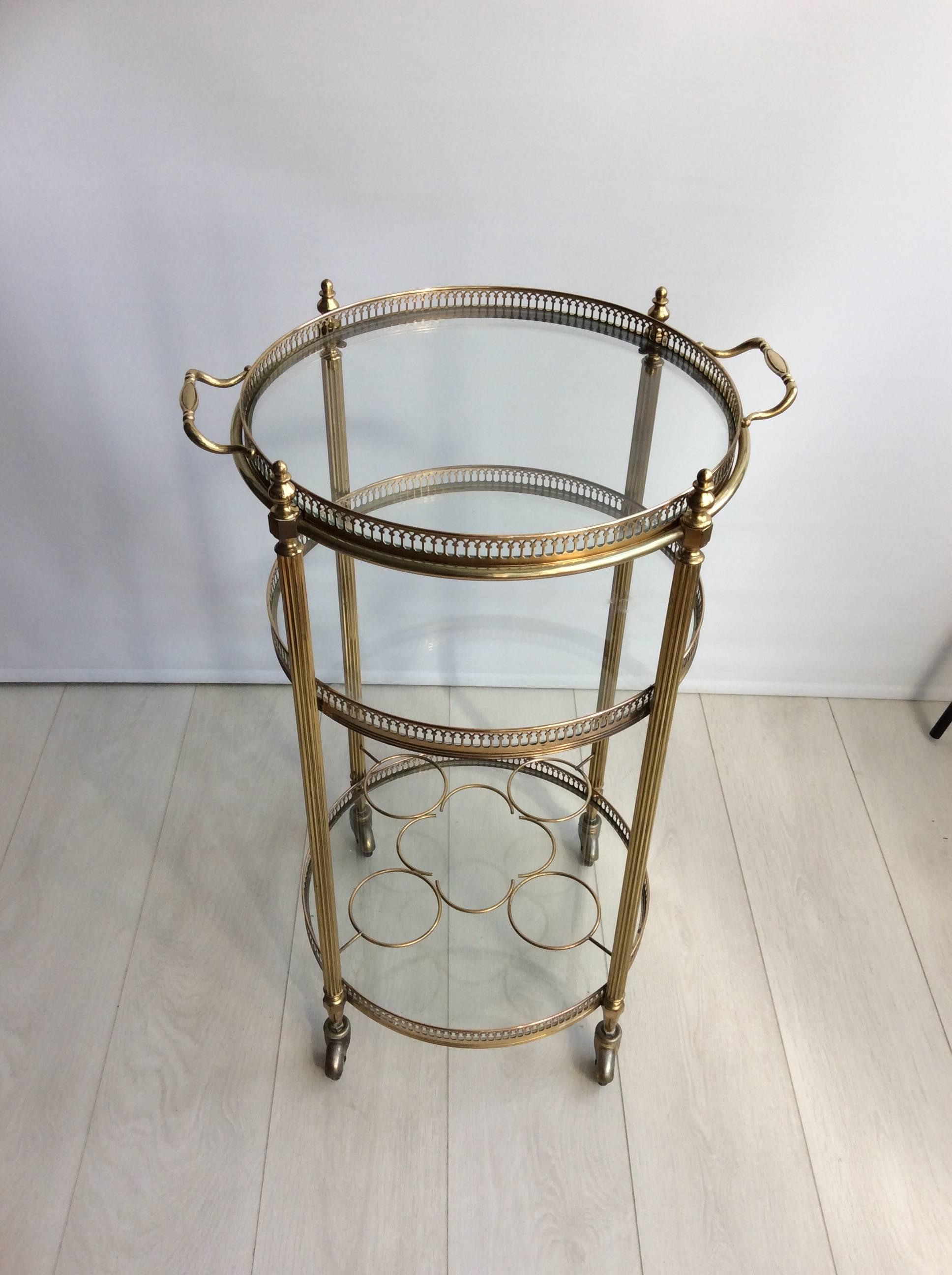 Beautiful French drinks trolley, circa 1950

Taller than usual with three tiers and bottle holder to lower tier

Measures 40.5 cm across, 49.5 cm with handle, 79 cm tall.