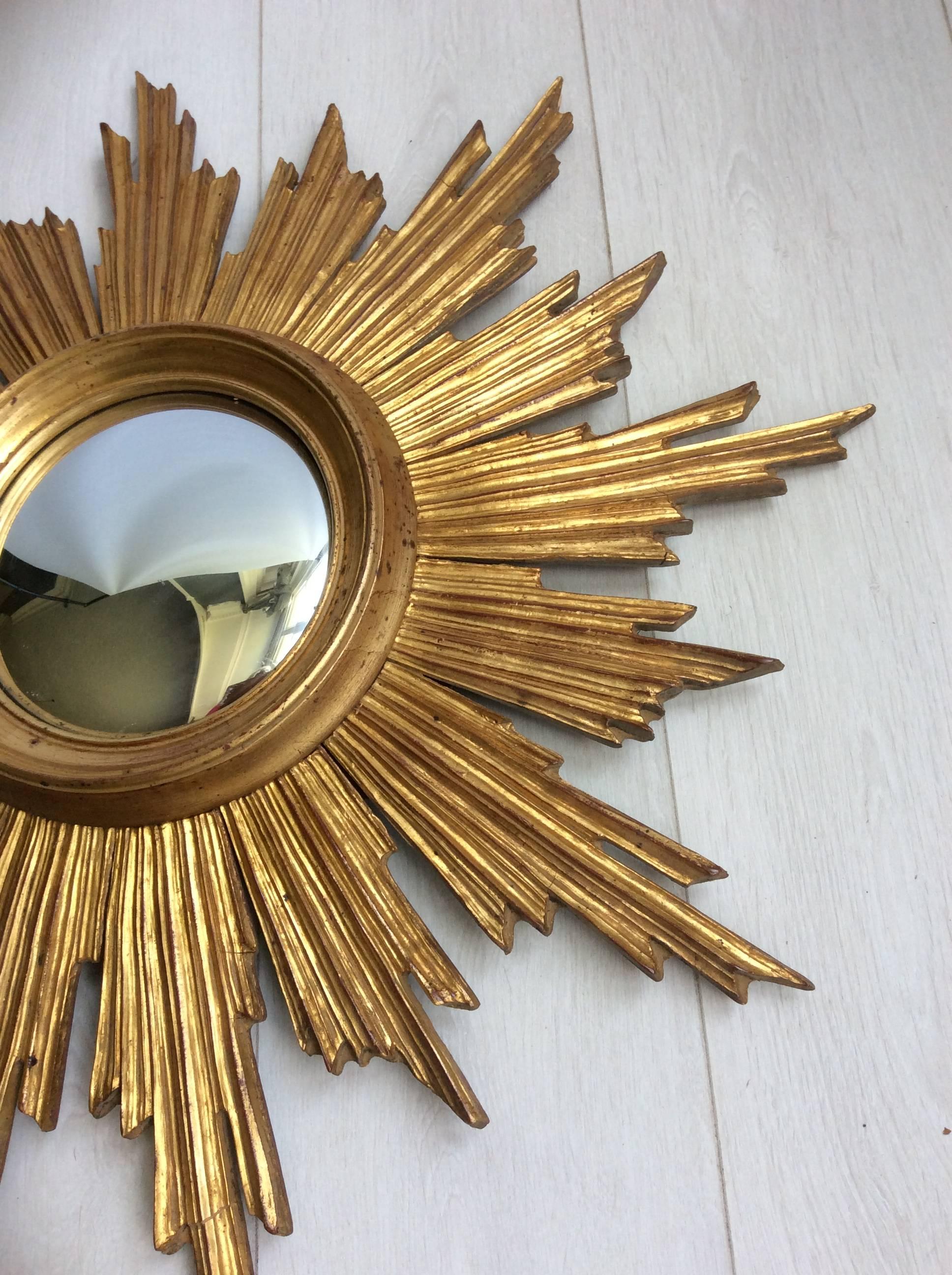 Mid-20th Century Vintage Giltwood Sunburst Convex Mirror