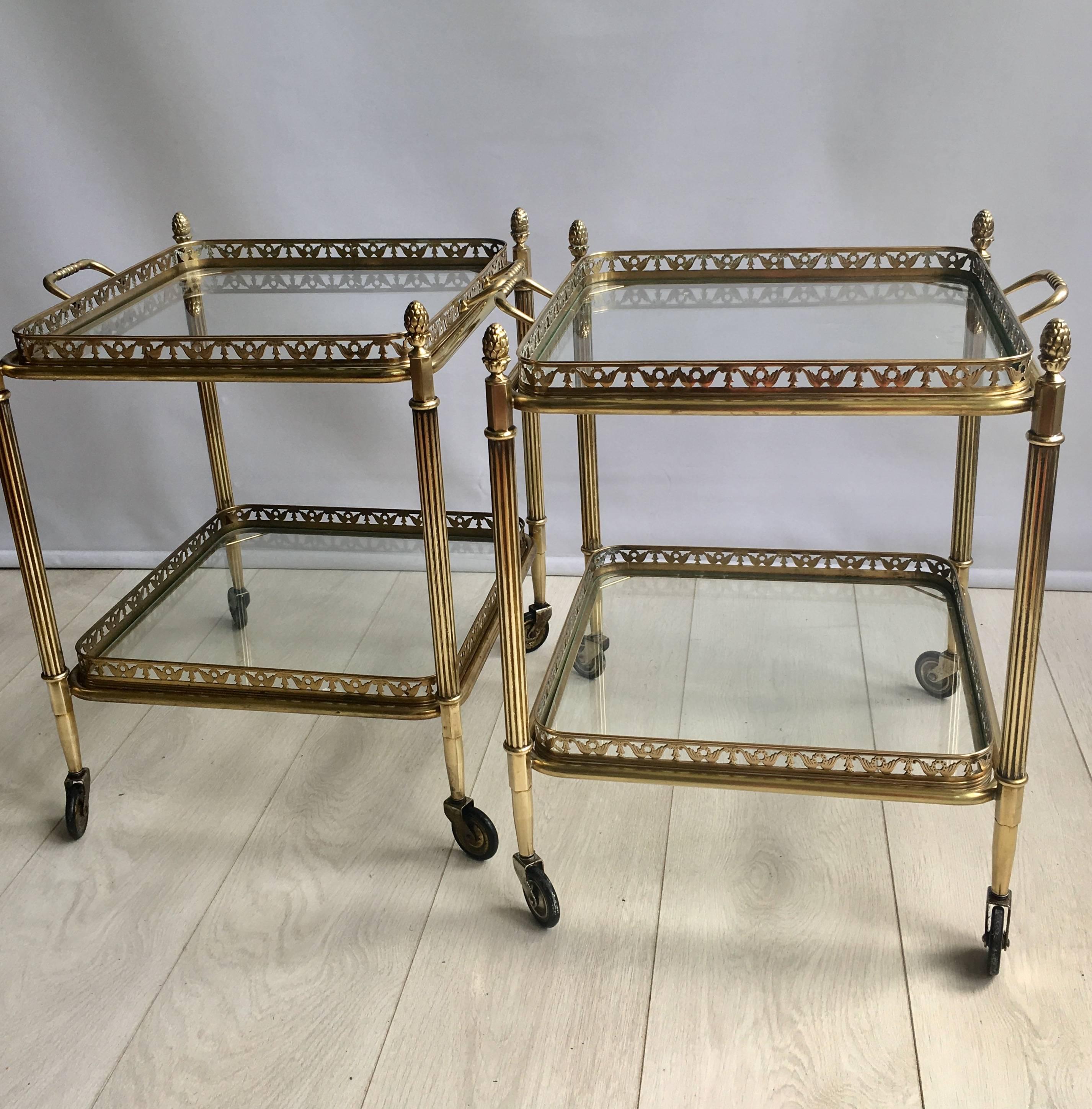 Hollywood Regency Pair of Vintage French Brass Side Tables or Trolleys Bar Carts
