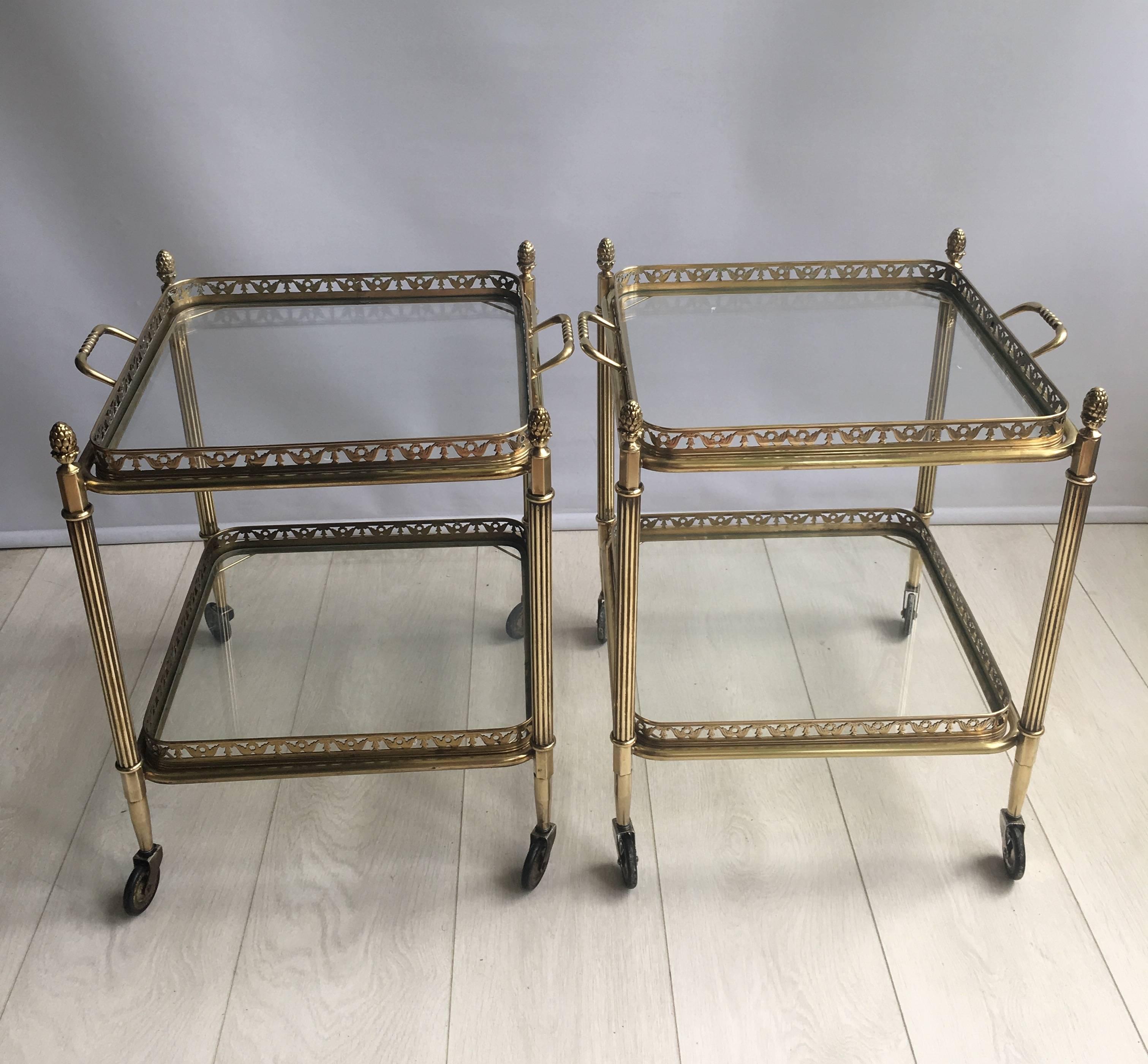 Pair of Vintage French Brass Side Tables or Trolleys Bar Carts In Good Condition In West Sussex, GB