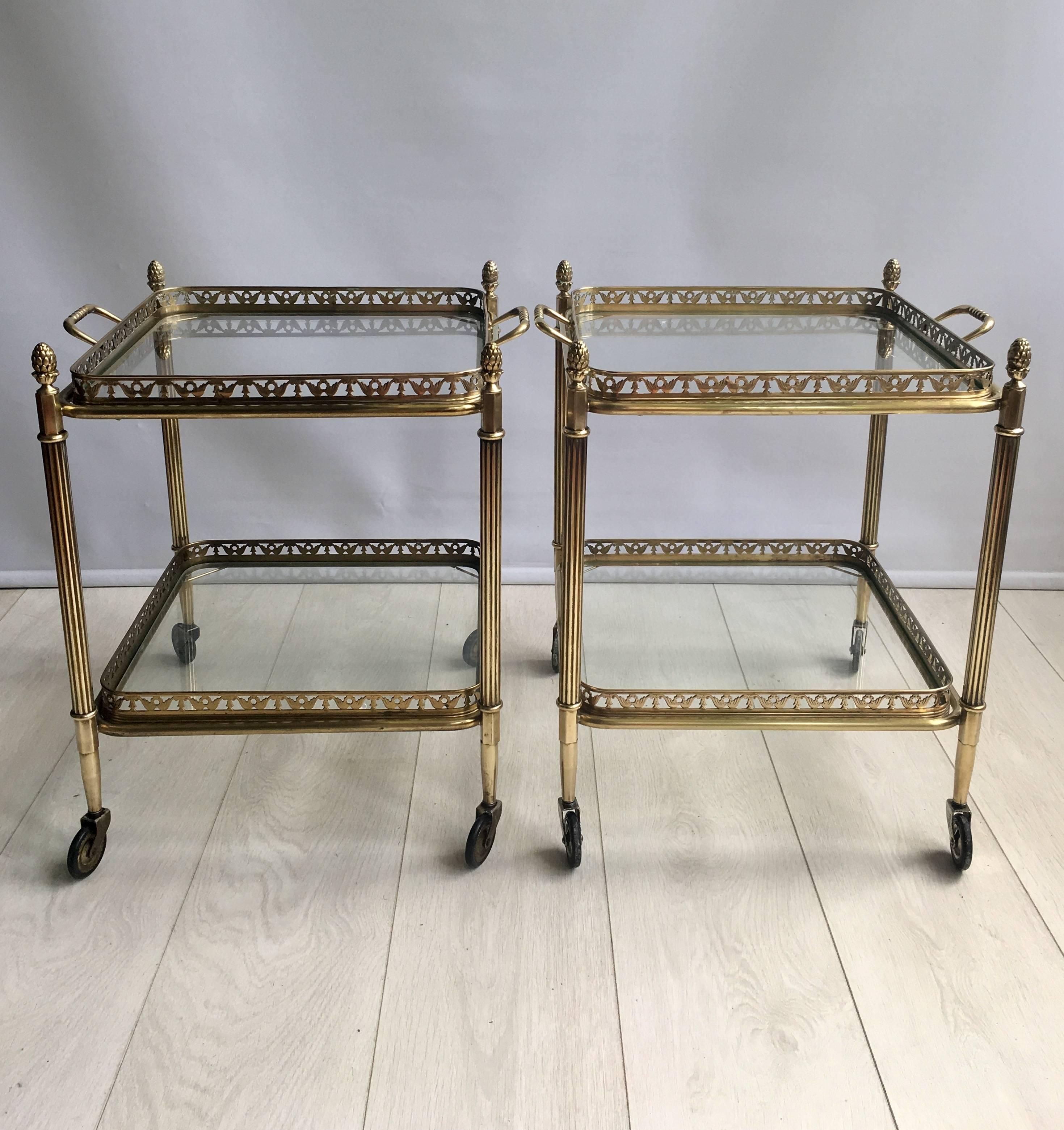 Mid-20th Century Pair of Vintage French Brass Side Tables or Trolleys Bar Carts