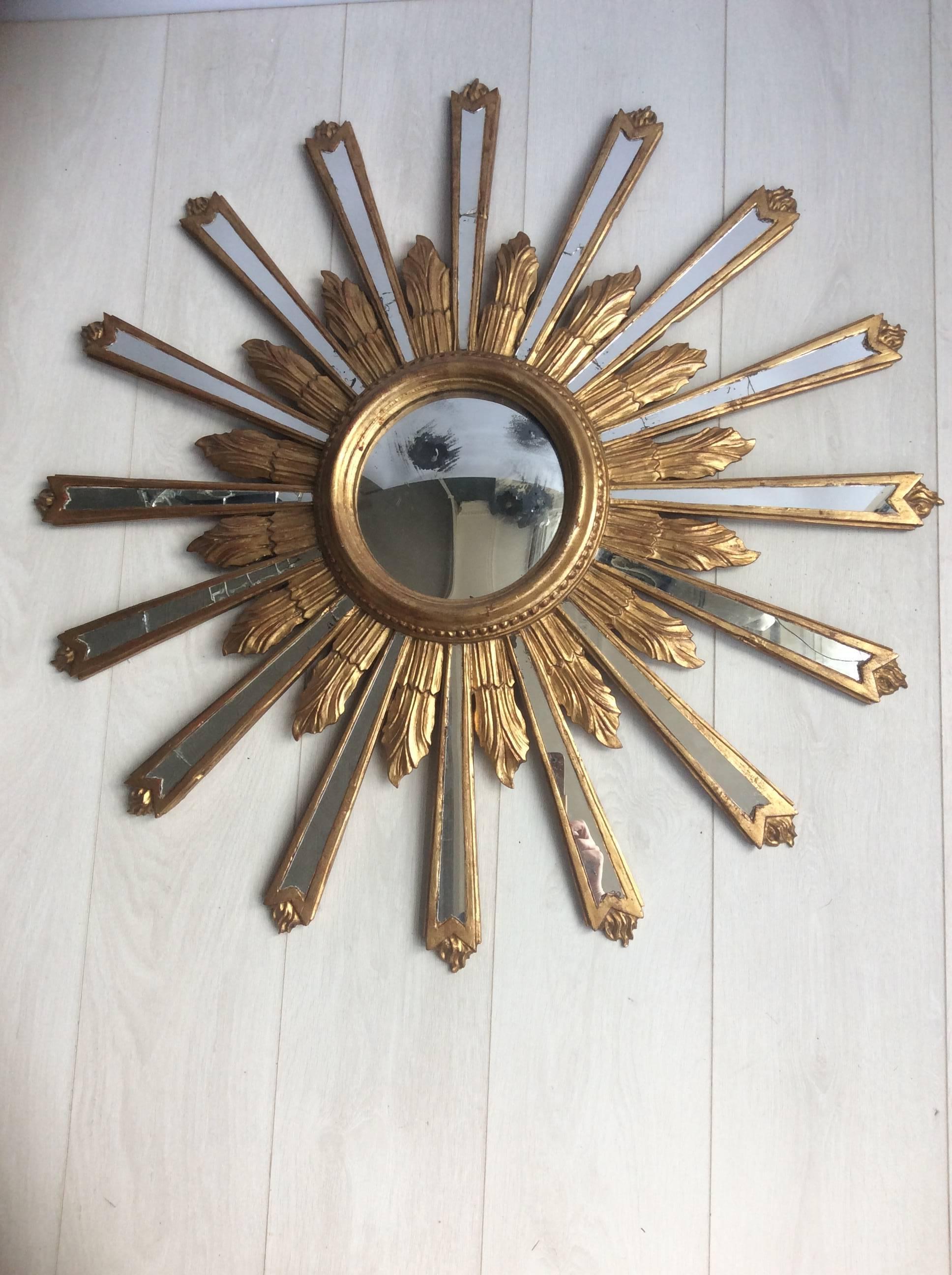 Vintage Italian Giltwood Convex Sunburst Mirror 1