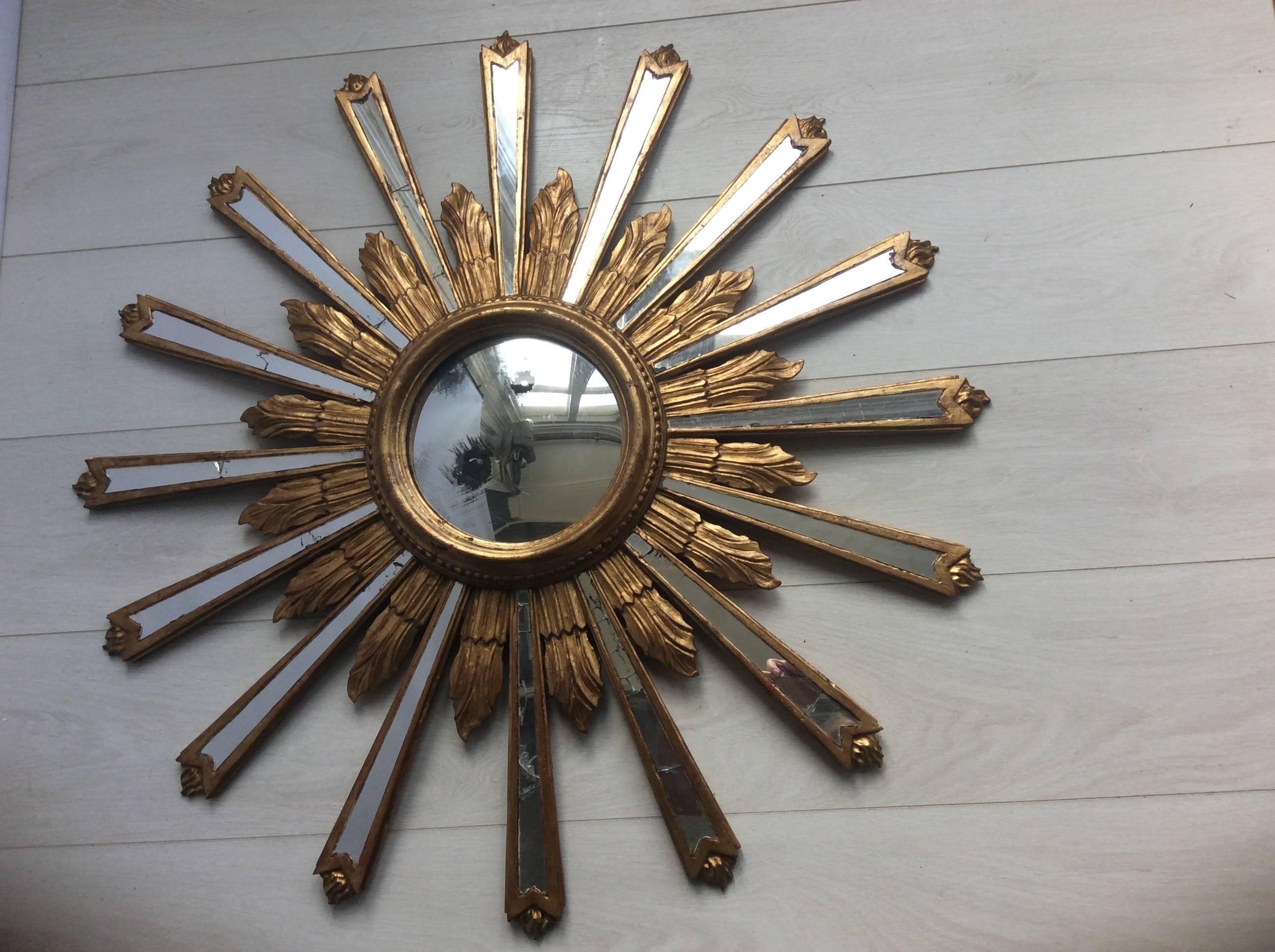 Mid-20th Century Vintage Italian Giltwood Convex Sunburst Mirror