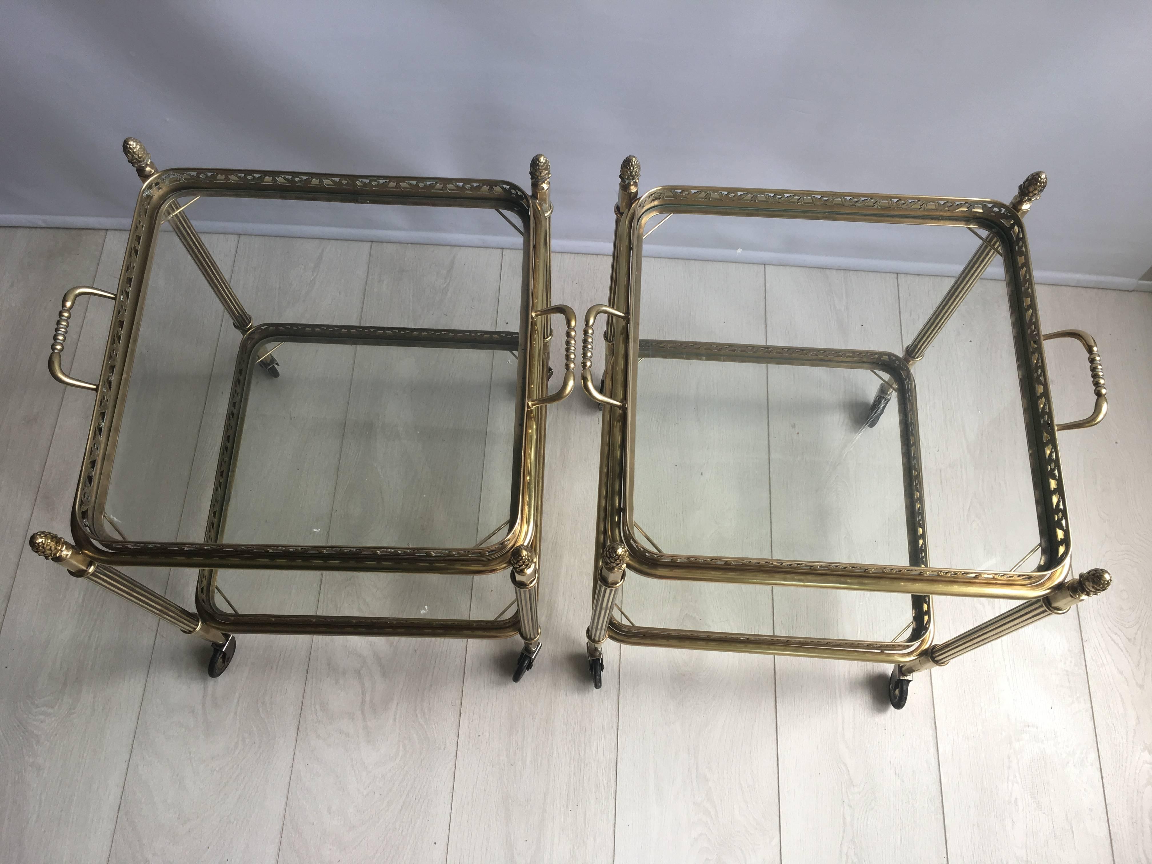 Pair of Vintage French Brass Side Tables or Trolleys Bar Carts 1