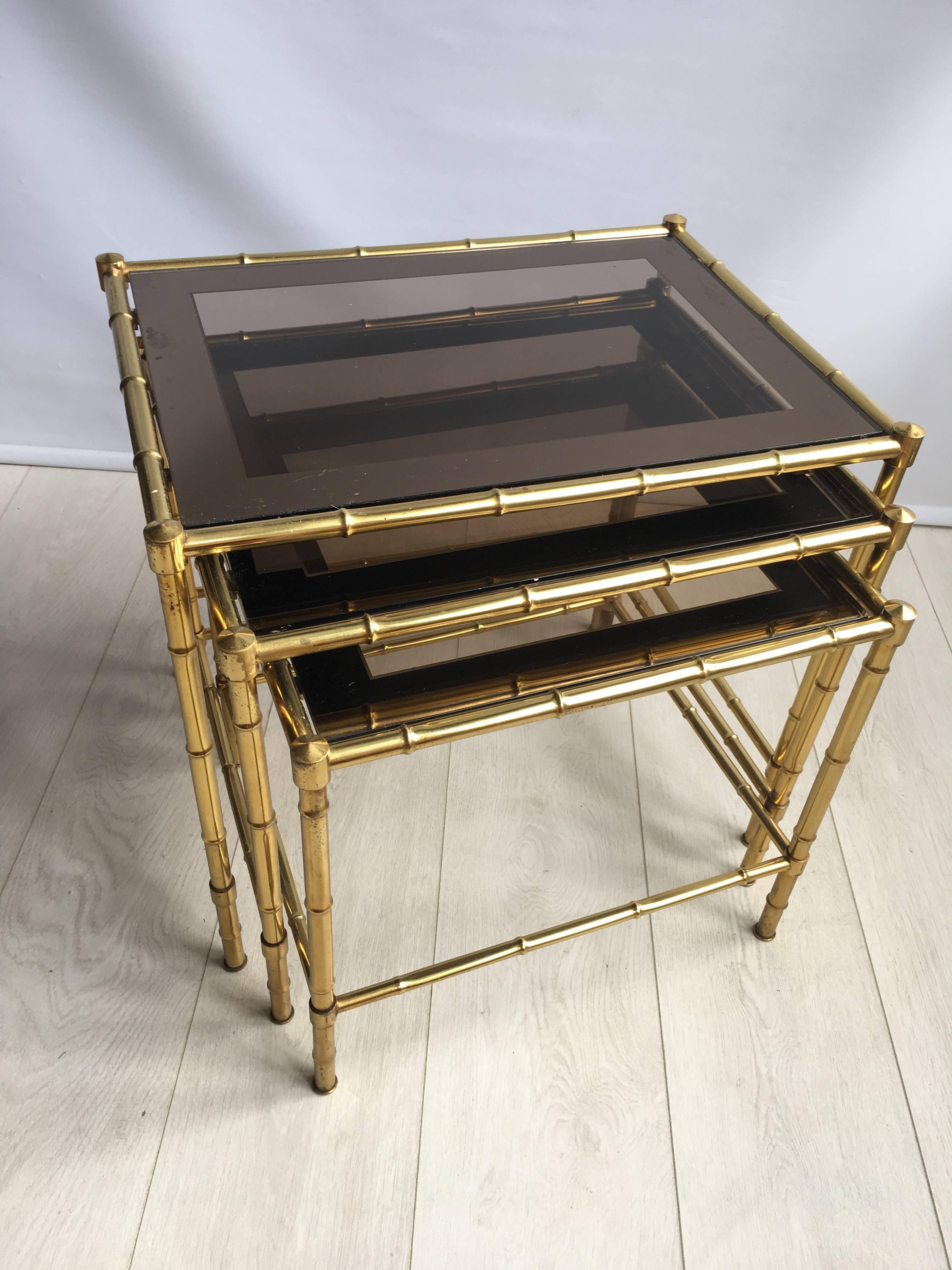 Hollywood Regency Nest of Vintage French Faux Bamboo Brass Tables For Sale