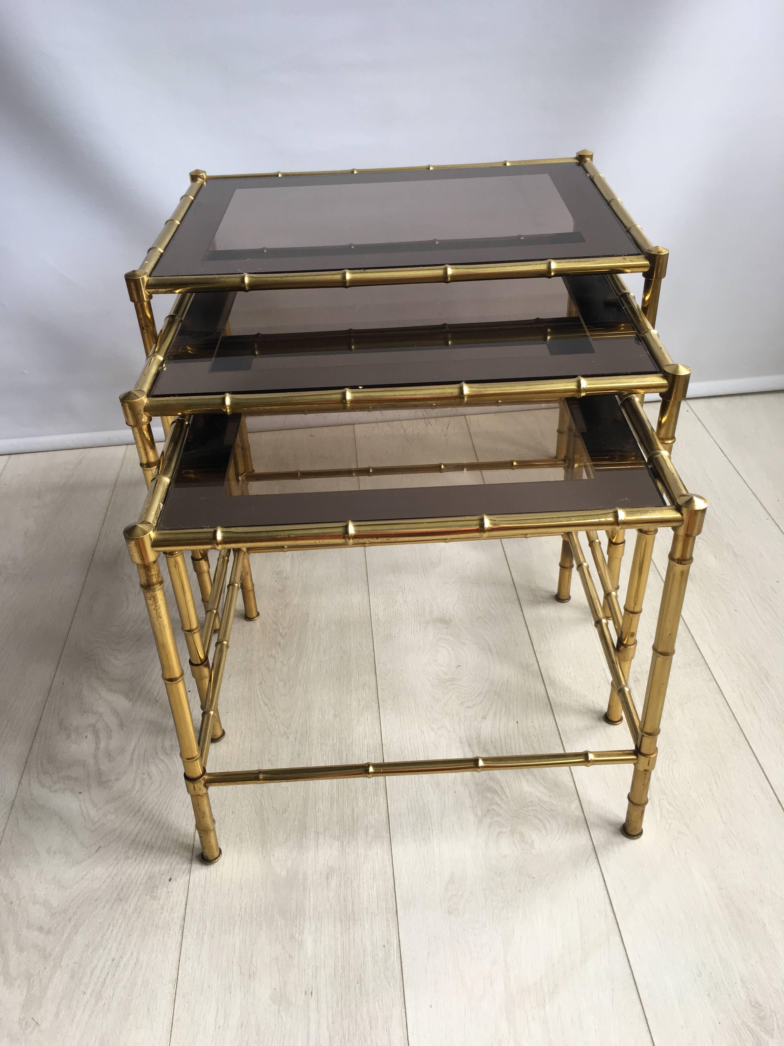 Mid-20th Century Nest of Vintage French Faux Bamboo Brass Tables For Sale