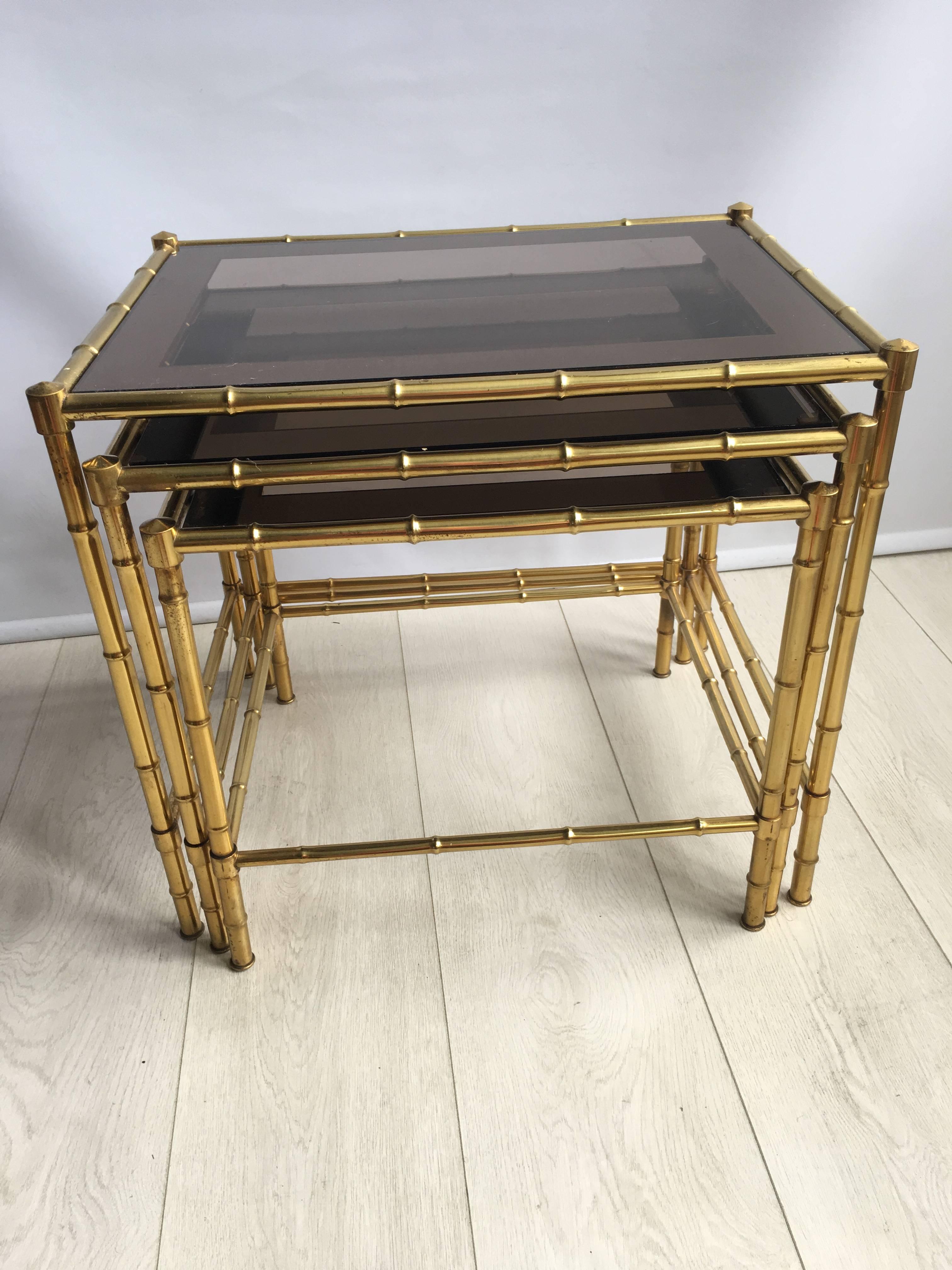 Nest of Vintage French Faux Bamboo Brass Tables For Sale 1